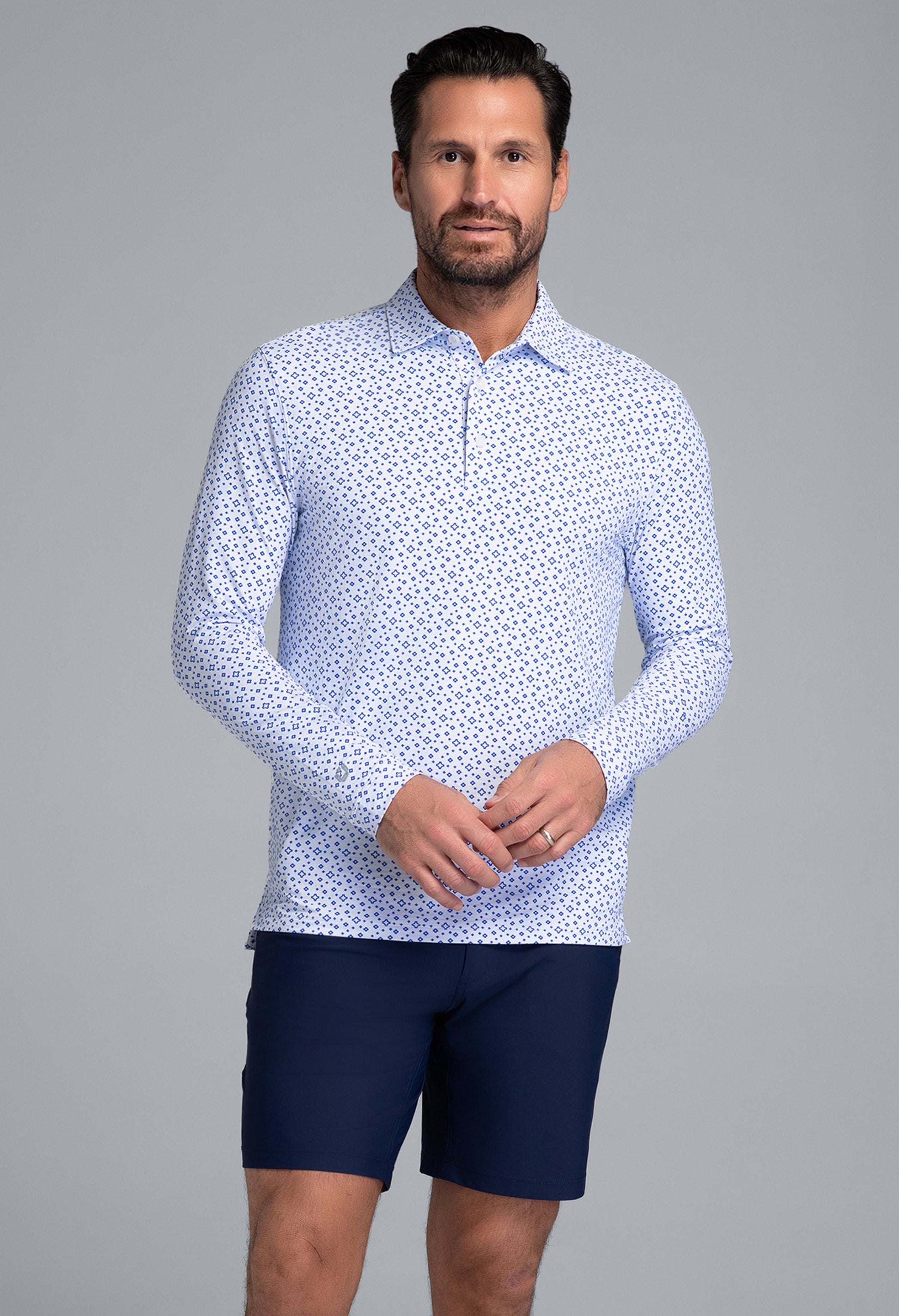 IBKÜL - Twinkle Twinkle Print Long Sleeve Polo (Modern Fit) - Color: White/Royal