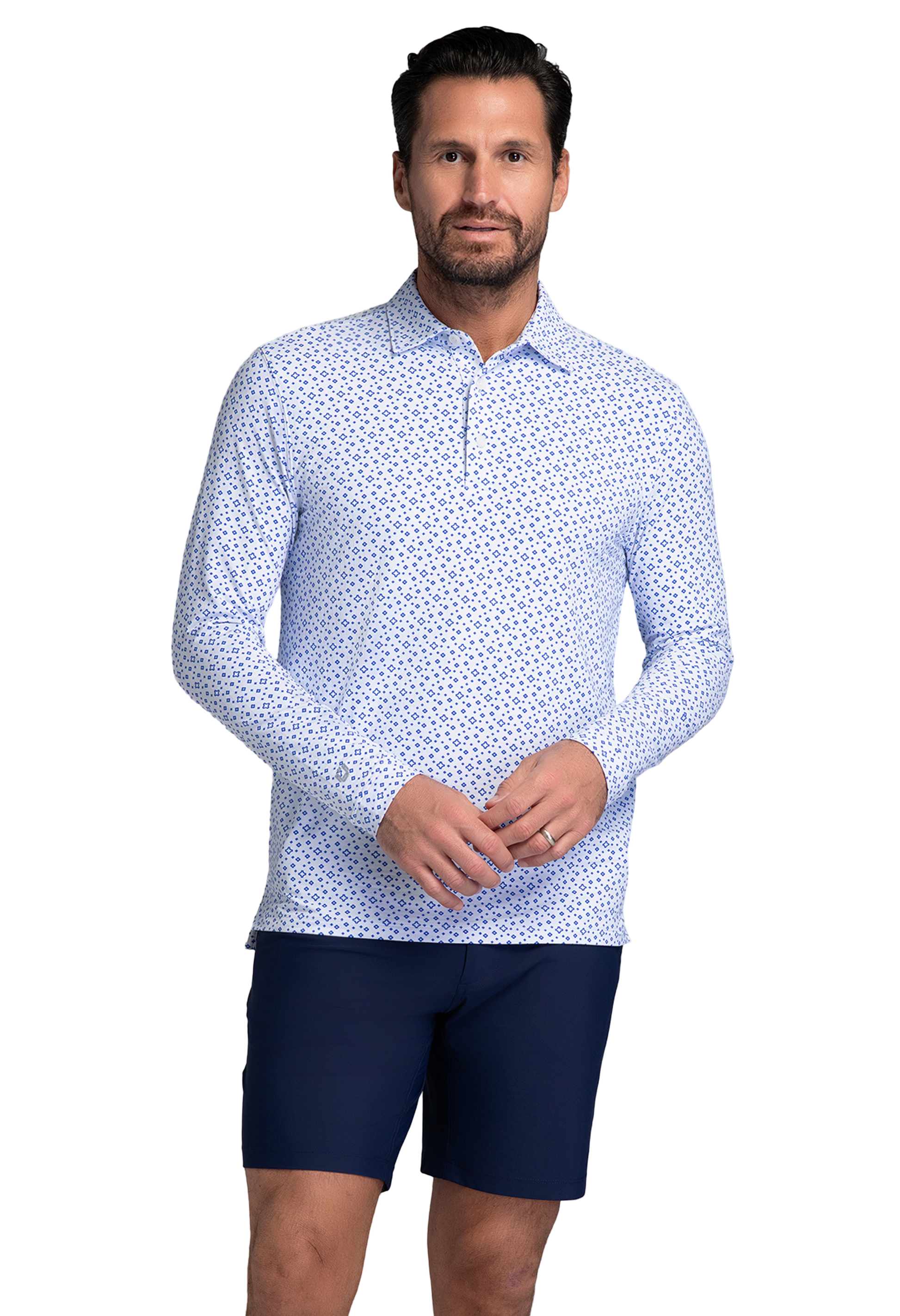 IBKÜL - Twinkle Twinkle Print Long Sleeve Polo (Modern Fit) - Color: White/Royal