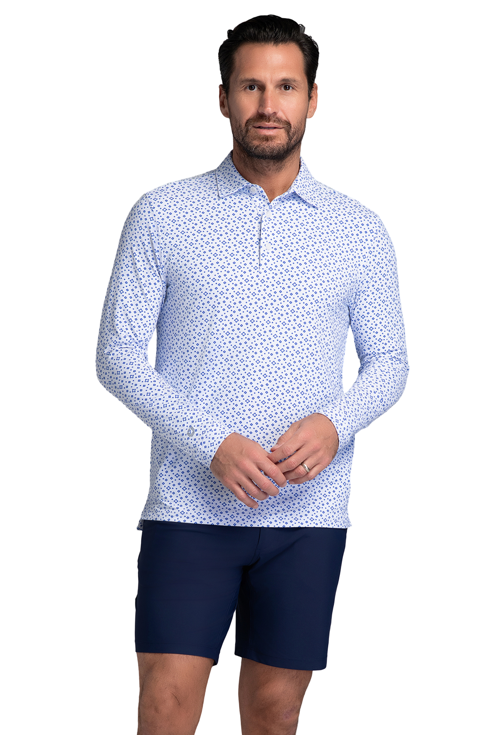 IBKÜL - Twinkle Twinkle Print Long Sleeve Polo (Modern Fit) - Color: White/Royal