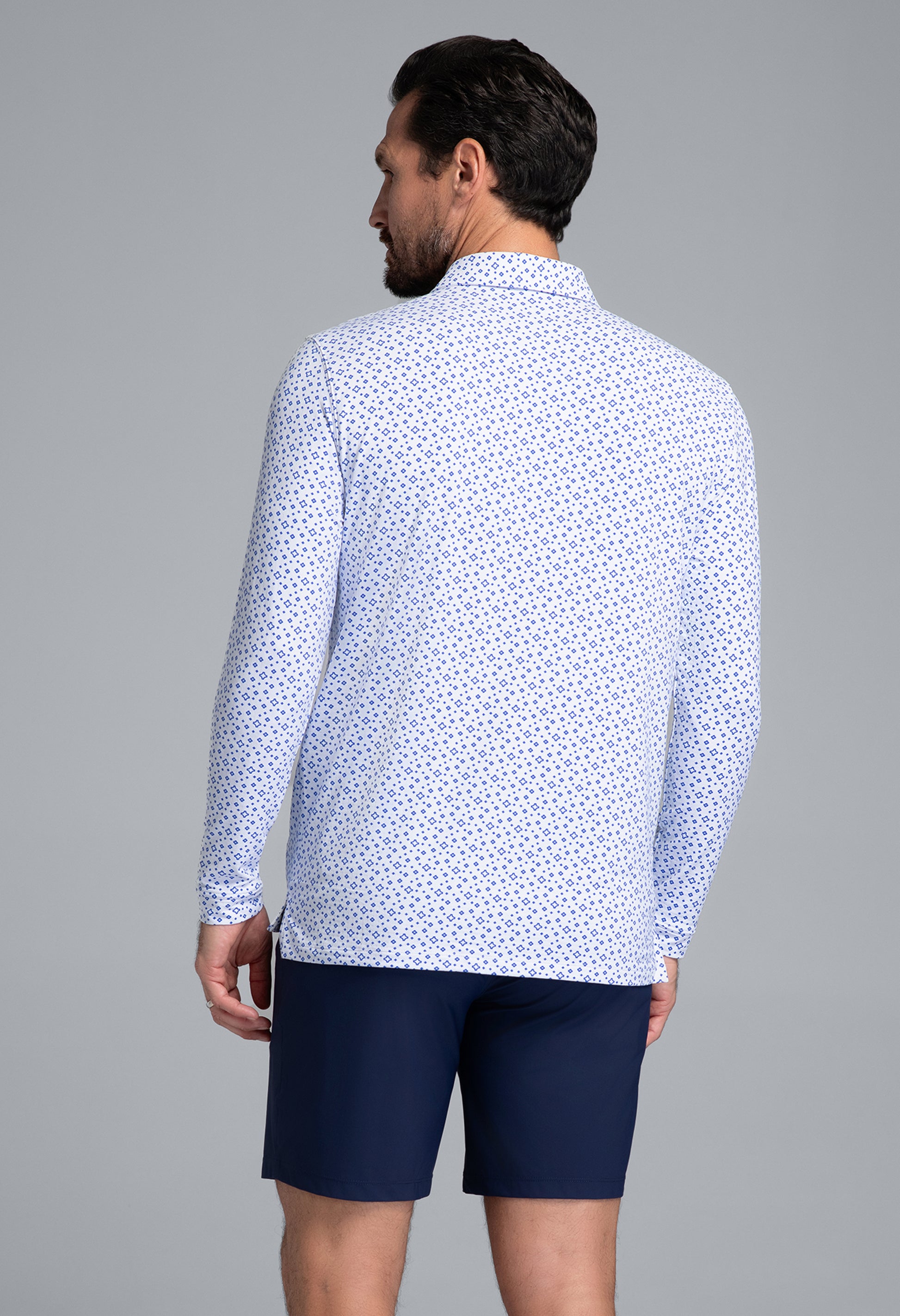 IBKÜL - Twinkle Twinkle Print Long Sleeve Polo (Modern Fit) - Color: White/Royal