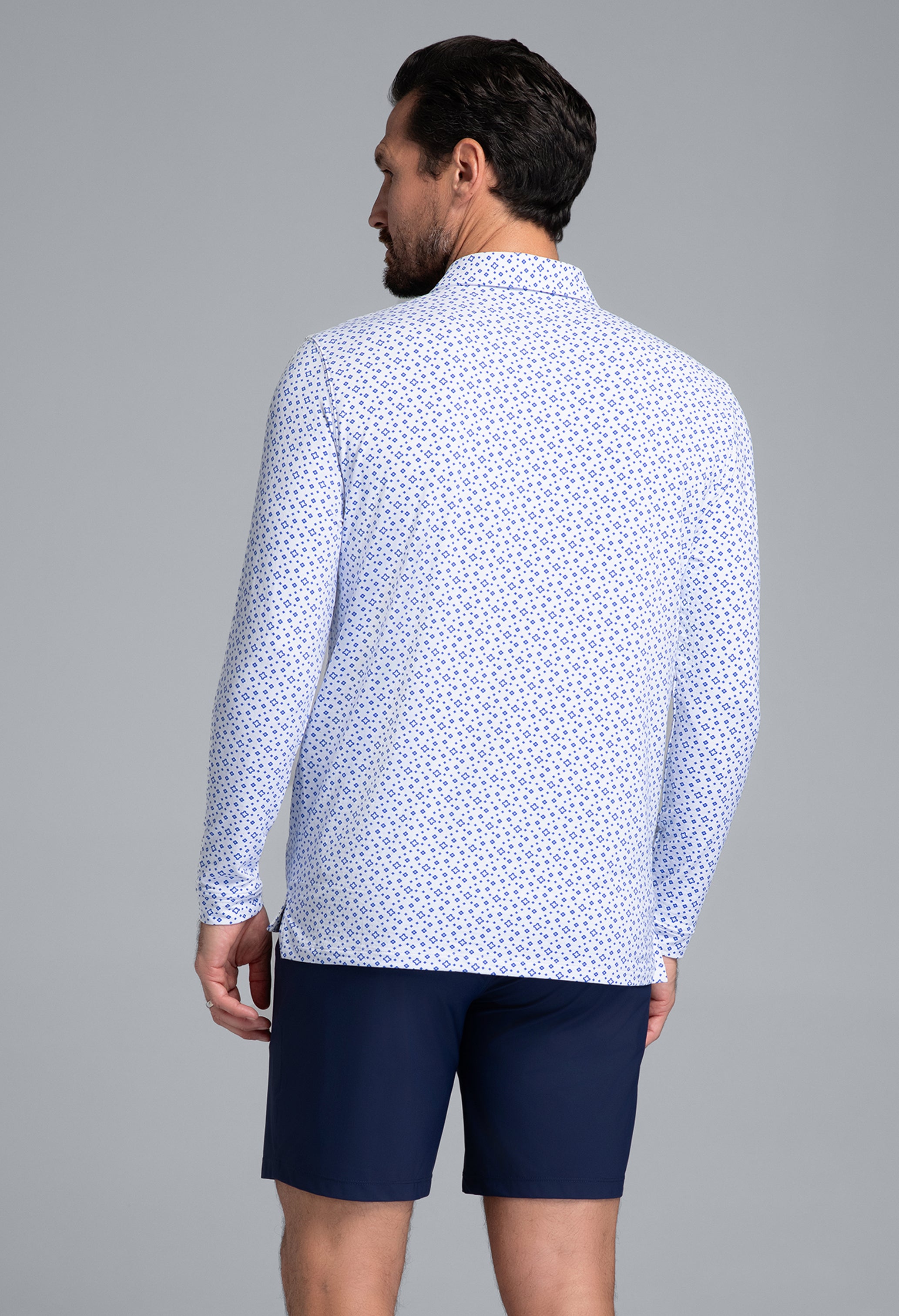 IBKÜL - Twinkle Twinkle Print Long Sleeve Polo (Modern Fit) - Color: White/Royal