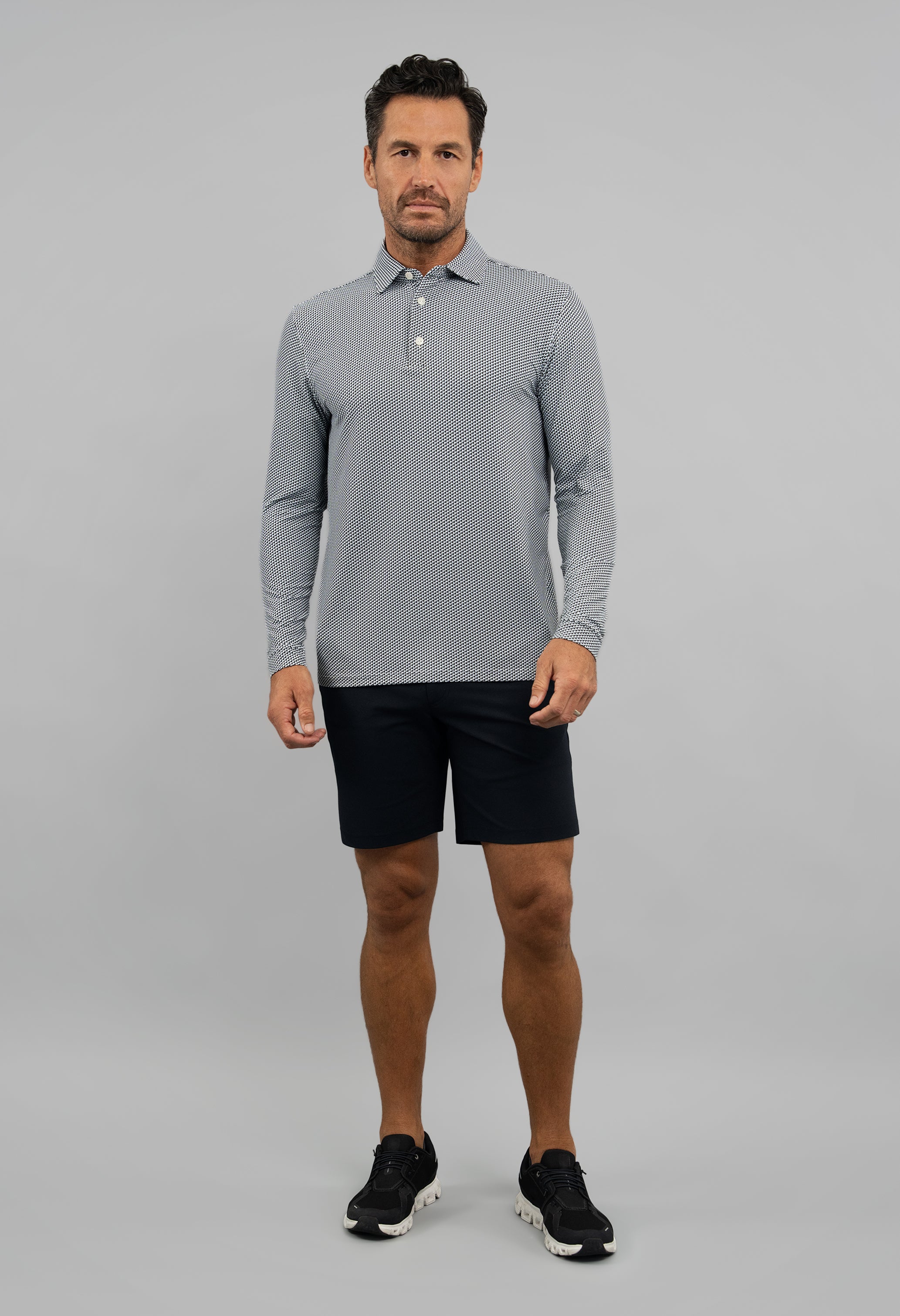 IBKÜL - Cube Art Long Sleeve Polo - Color: White/Platinum/Black