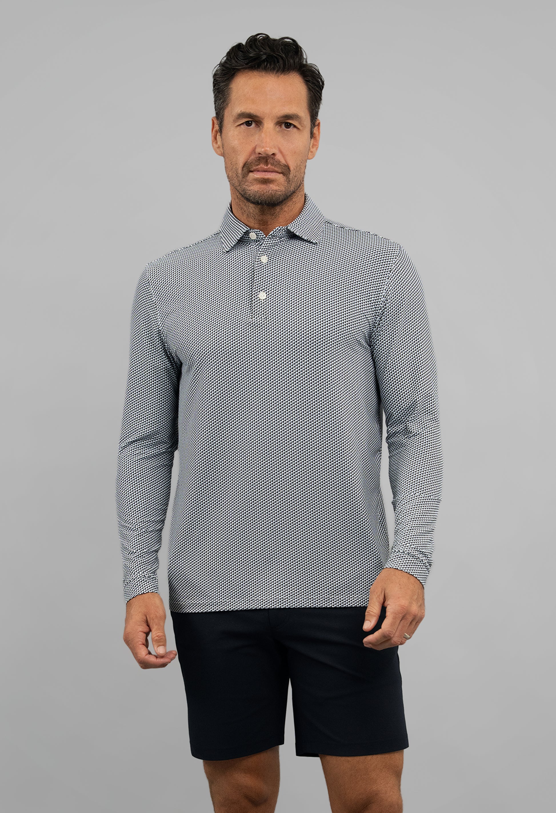 IBKÜL - Cube Art Long Sleeve Polo - Color: White/Platinum/Black