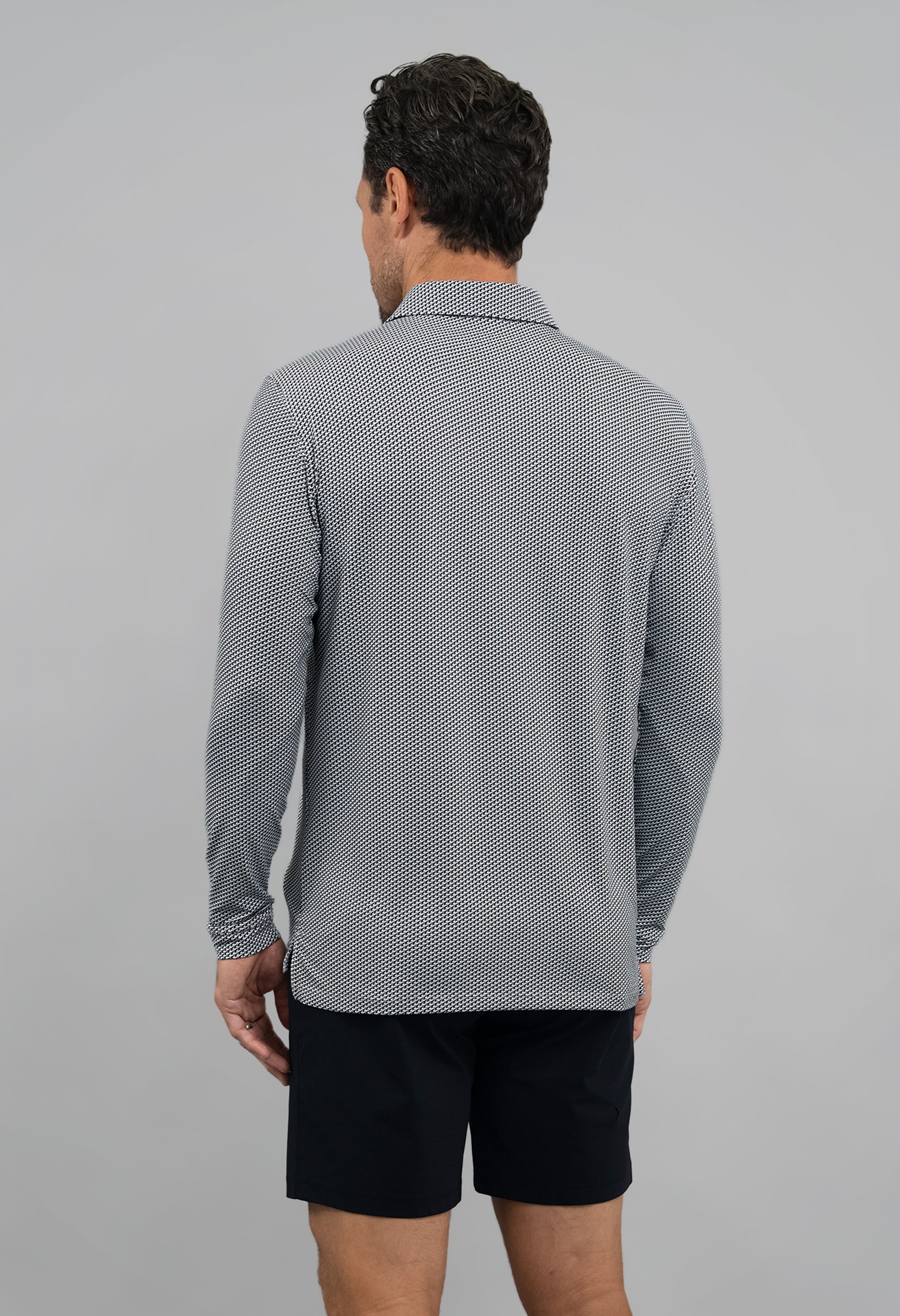 IBKÜL - Cube Art Long Sleeve Polo - Color: White/Platinum/Black