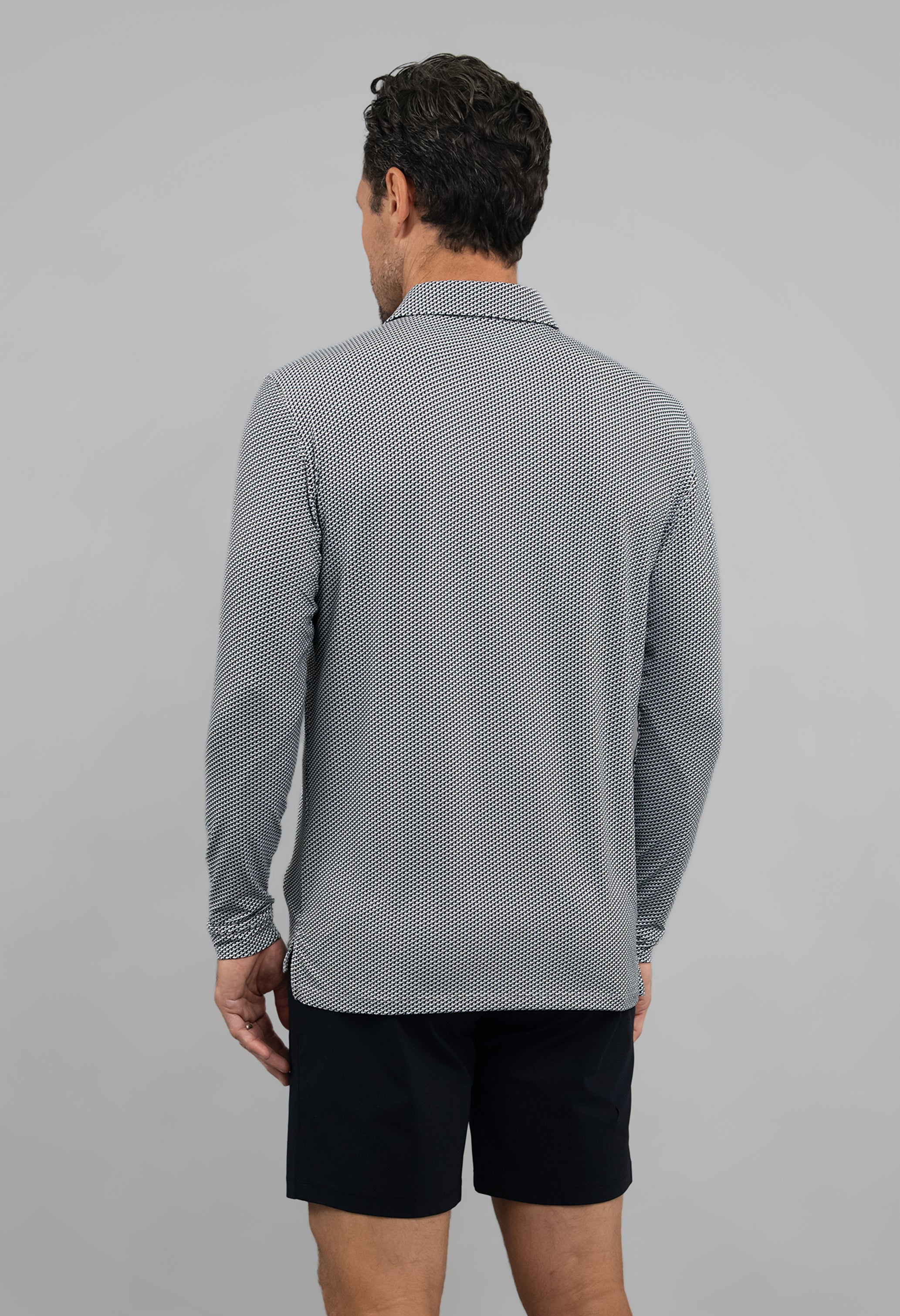 IBKÜL - Cube Art Long Sleeve Polo - Color: White/Platinum/Black