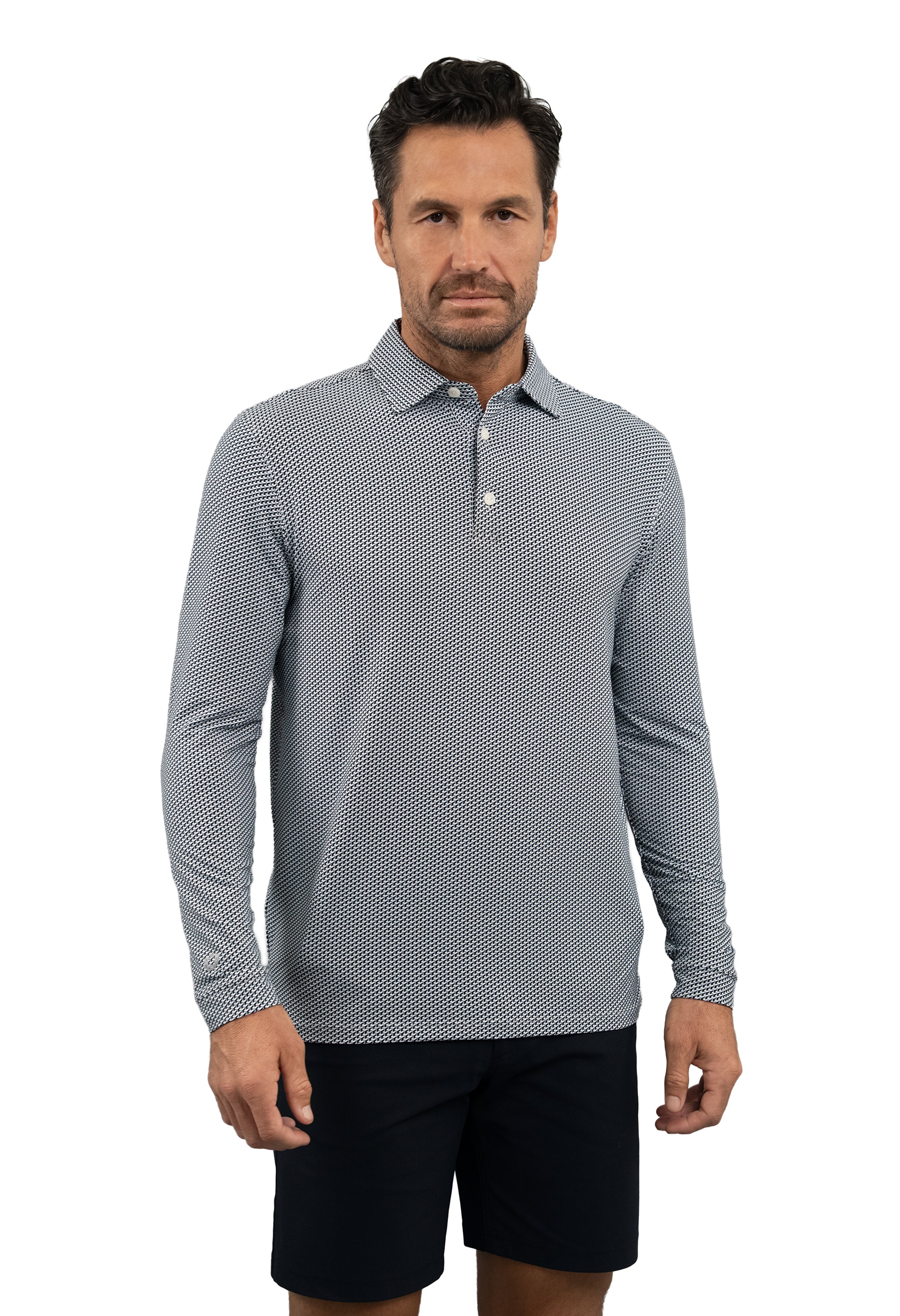 IBKÜL - Cube Art Long Sleeve Polo - Color: White/Platinum/Black