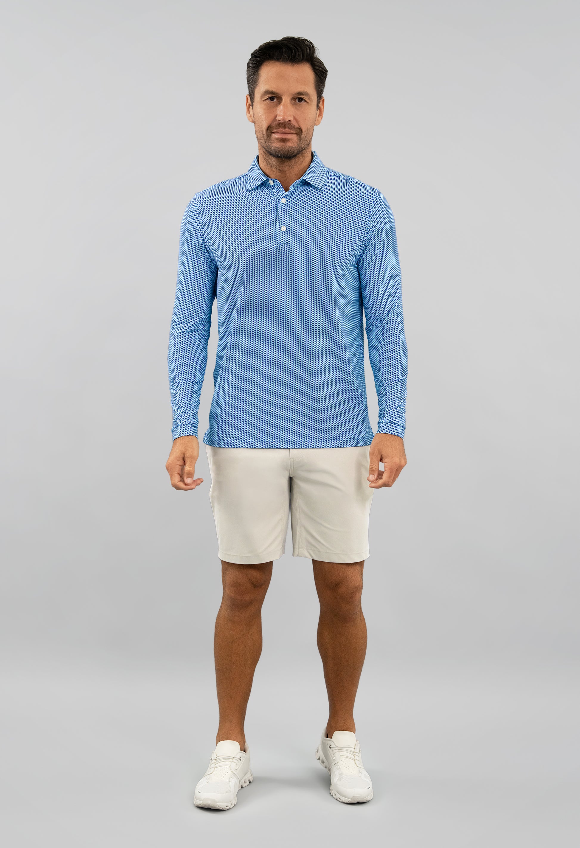 IBKÜL - Cube Art Long Sleeve Polo - Color: White/Pool Party/Royal