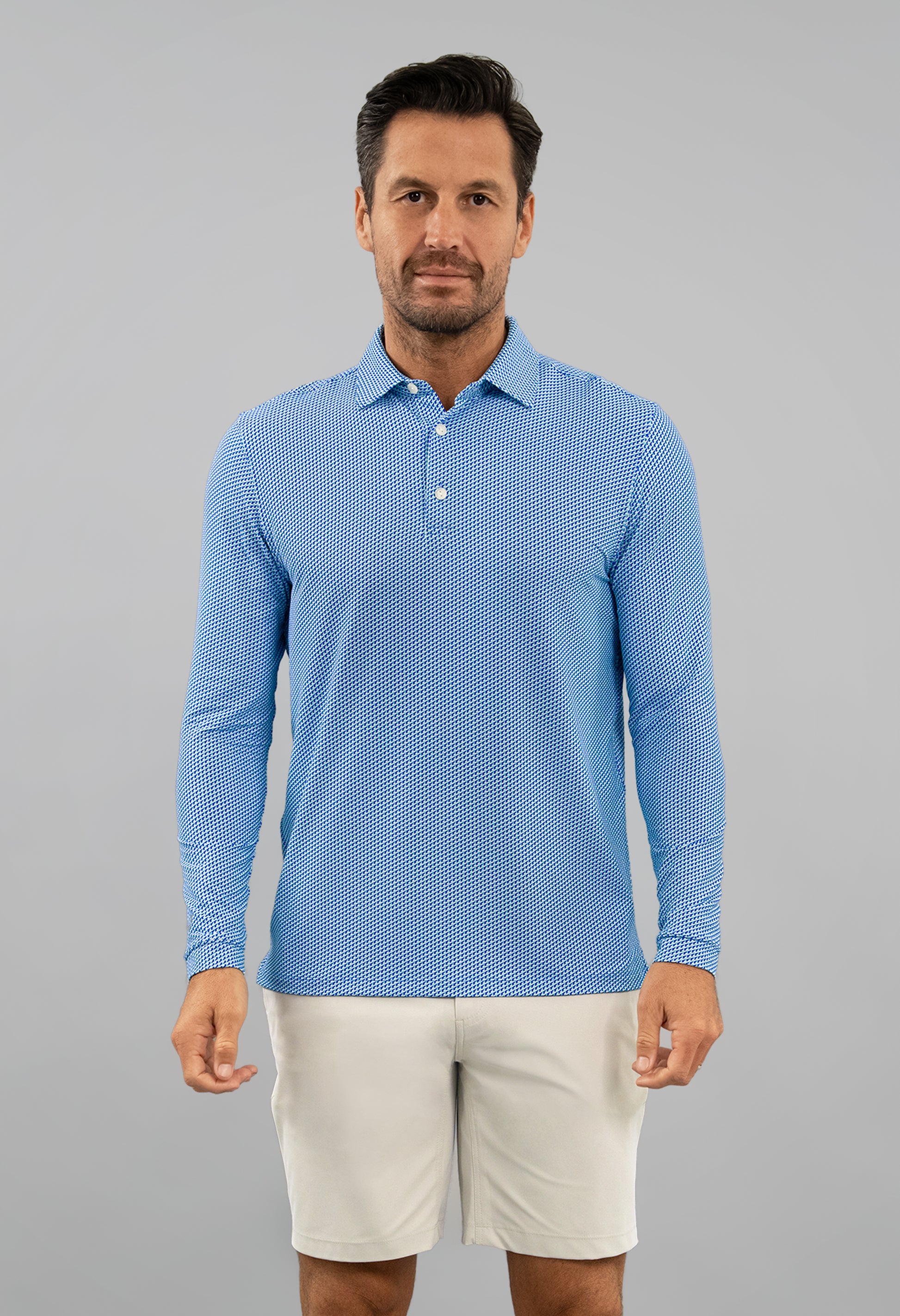 IBKÜL - Cube Art Long Sleeve Polo - Color: White/Pool Party/Royal