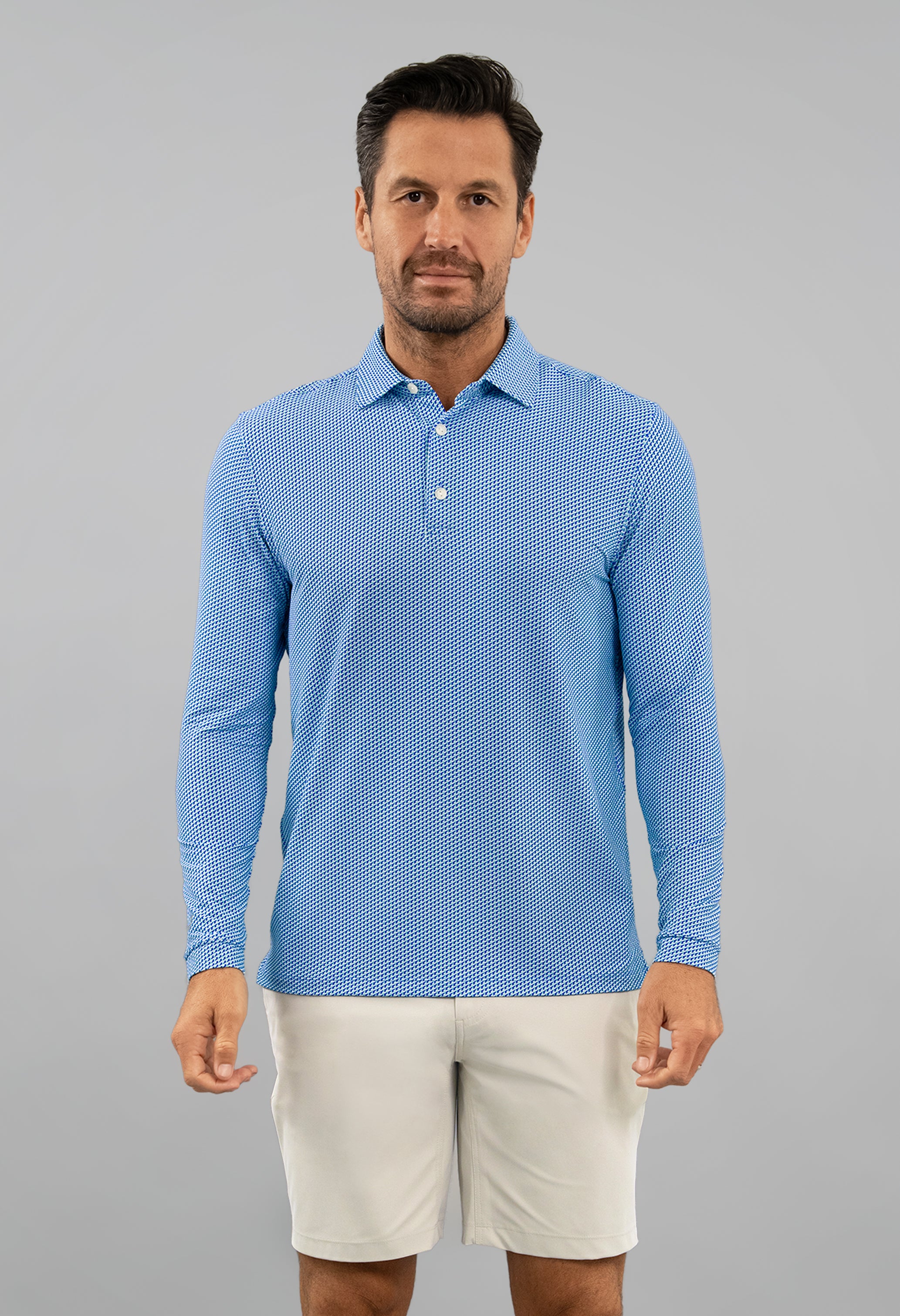 IBKÜL - Cube Art Long Sleeve Polo - Color: White/Pool Party/Royal