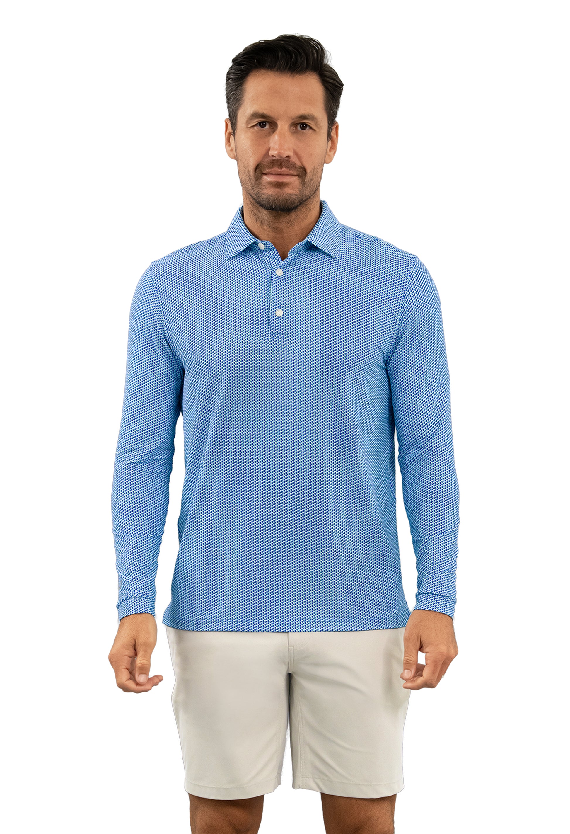 IBKÜL - Cube Art Long Sleeve Polo - Color: White/Pool Party/Royal