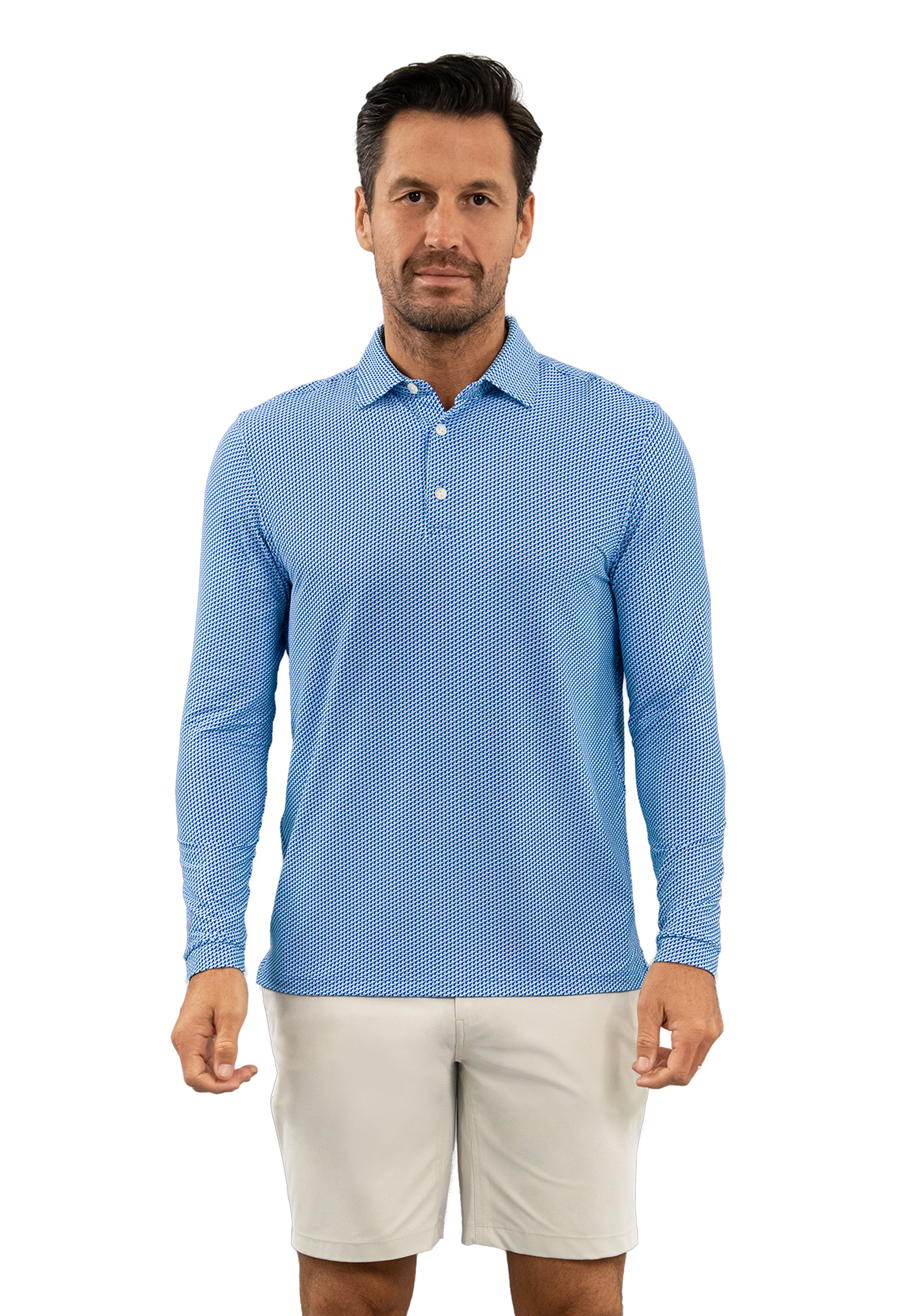 IBKÜL - Cube Art Long Sleeve Polo - Color: White/Pool Party/Royal