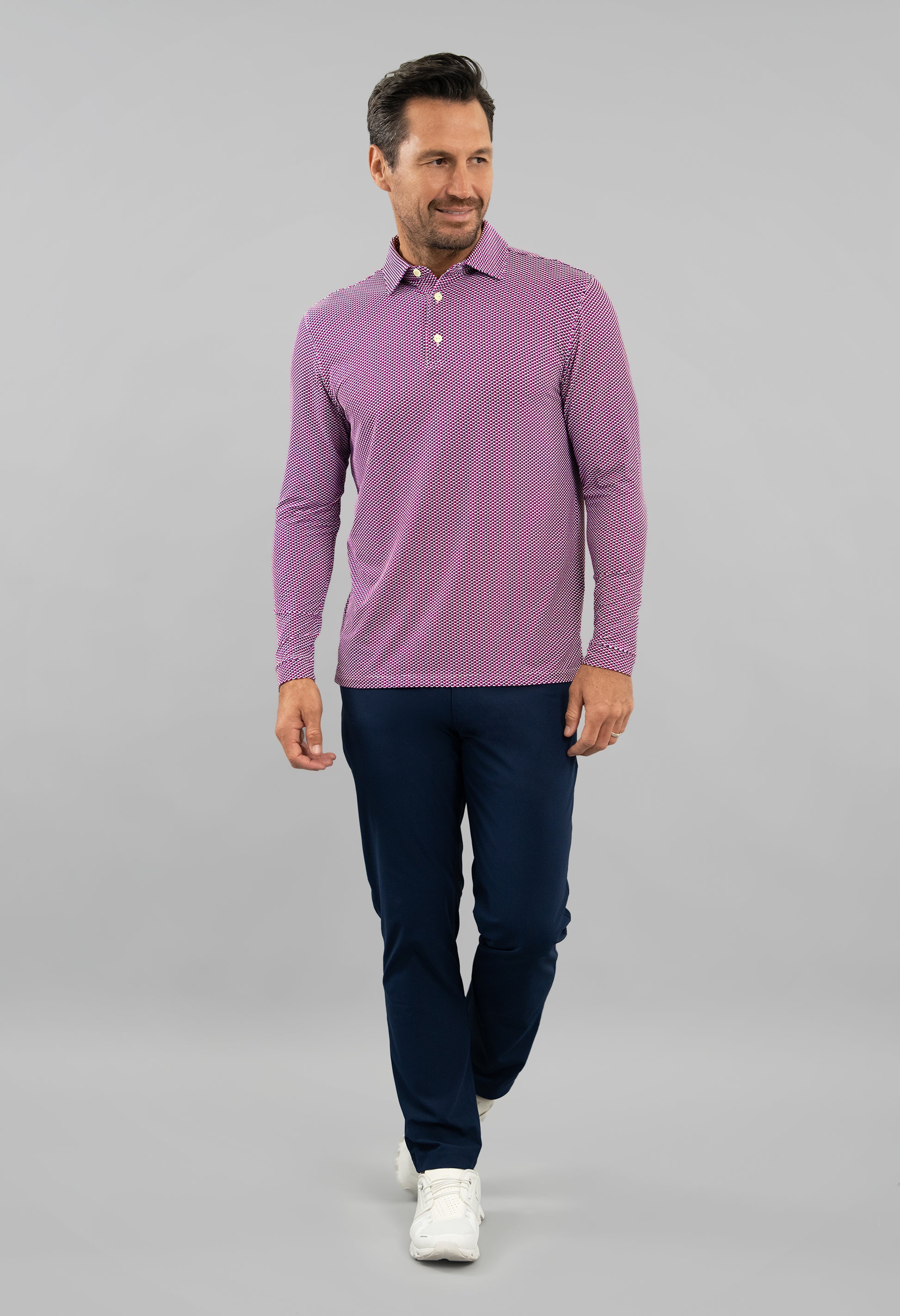 IBKÜL - Cube Art Long Sleeve Polo - Color: White/Rose/C.Navy
