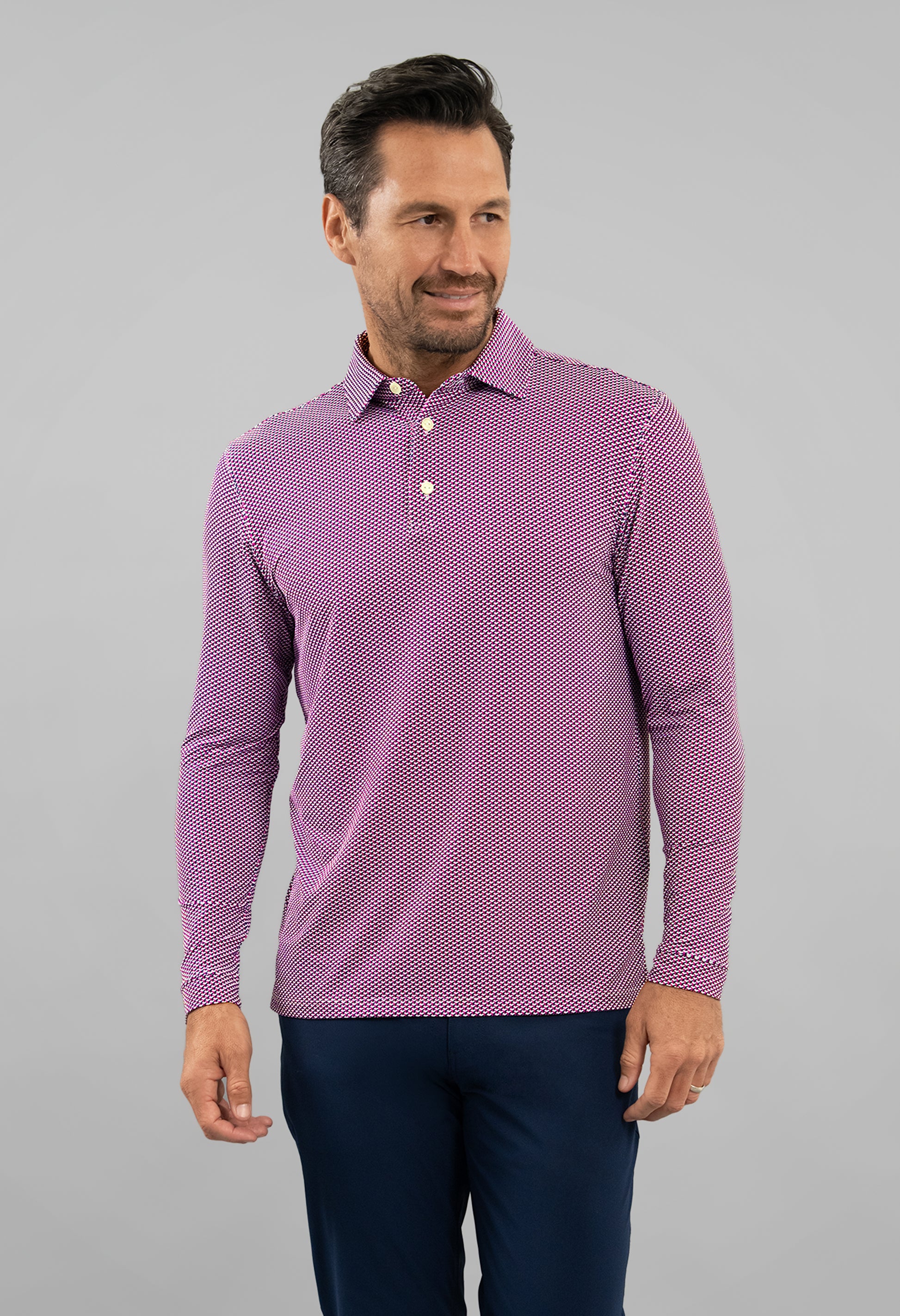 IBKÜL - Cube Art Long Sleeve Polo - Color: White/Rose/C.Navy