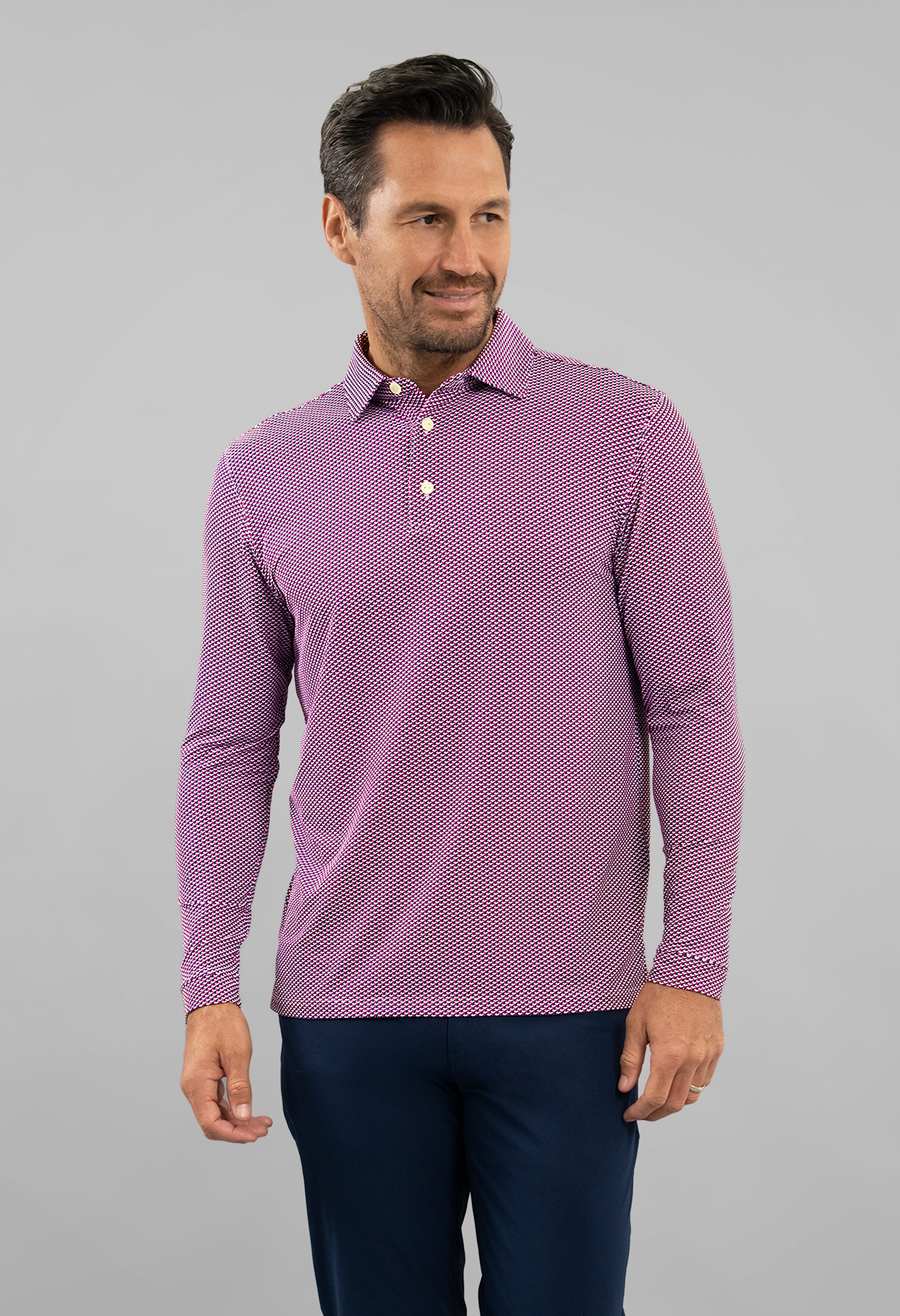 IBKÜL - Cube Art Long Sleeve Polo - Color: White/Rose/C.Navy