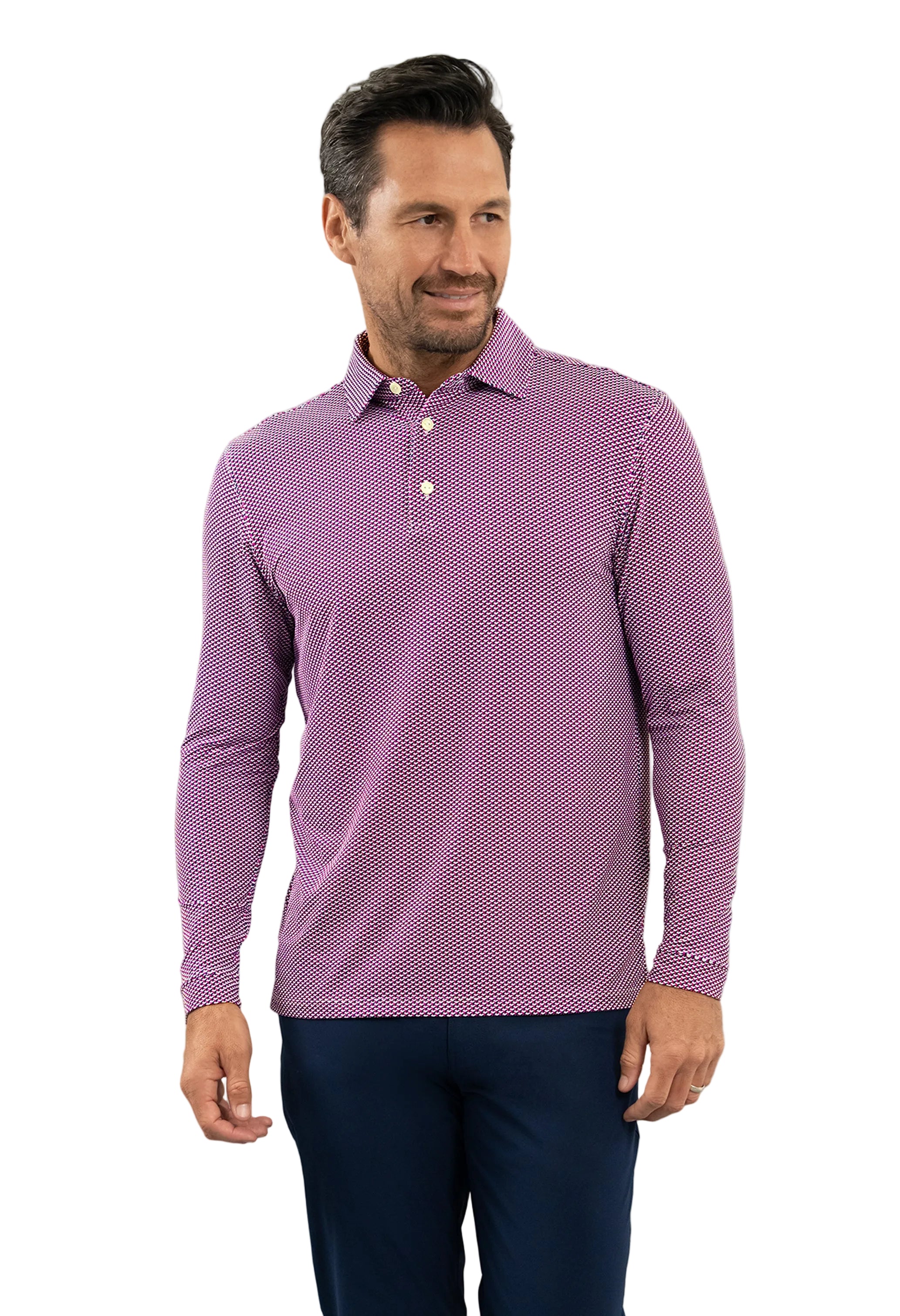 IBKÜL - Cube Art Long Sleeve Polo - Color: White/Rose/C.Navy