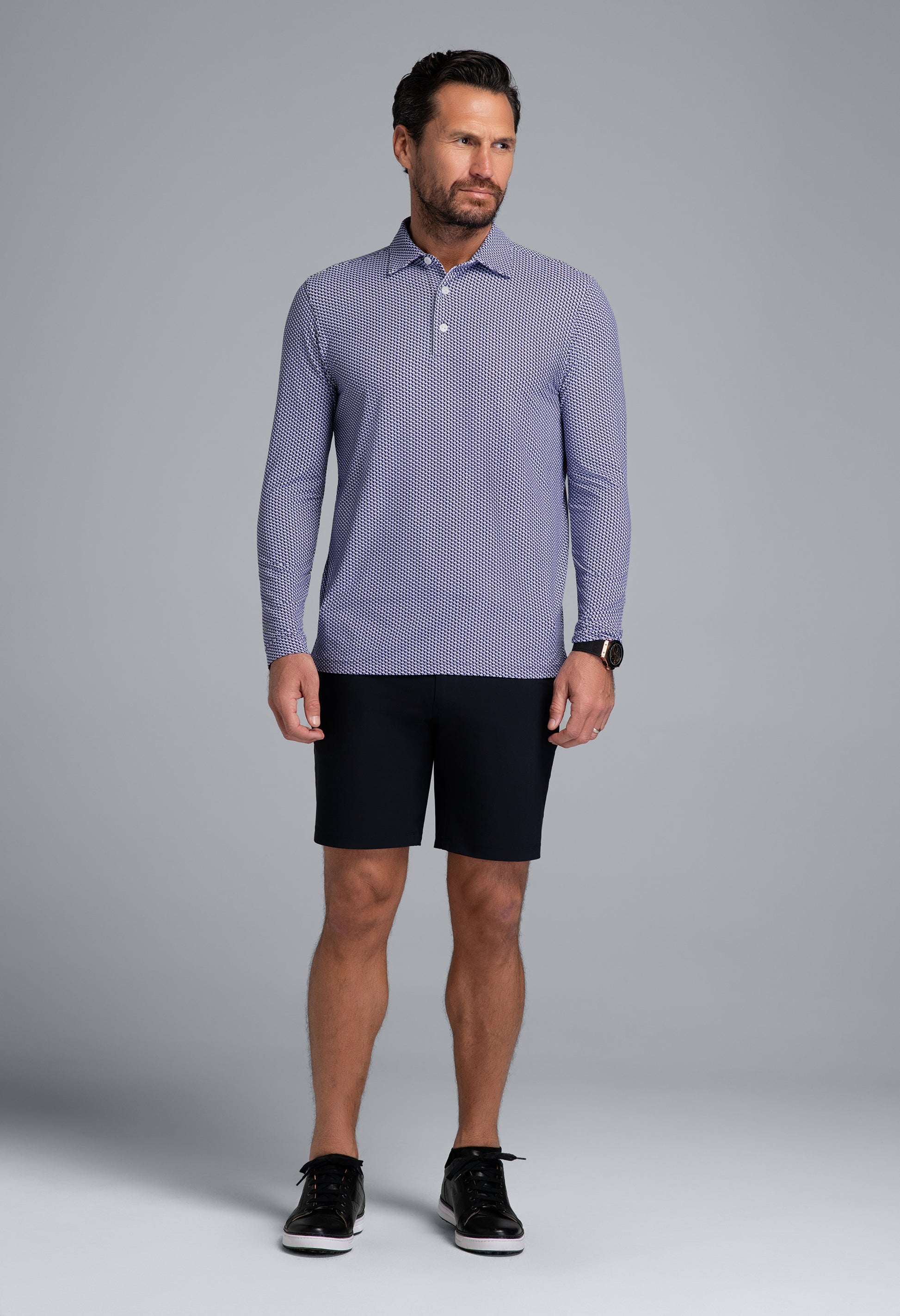 IBKÜL - Cube Art Long Sleeve Polo - Color: Lavender/Black