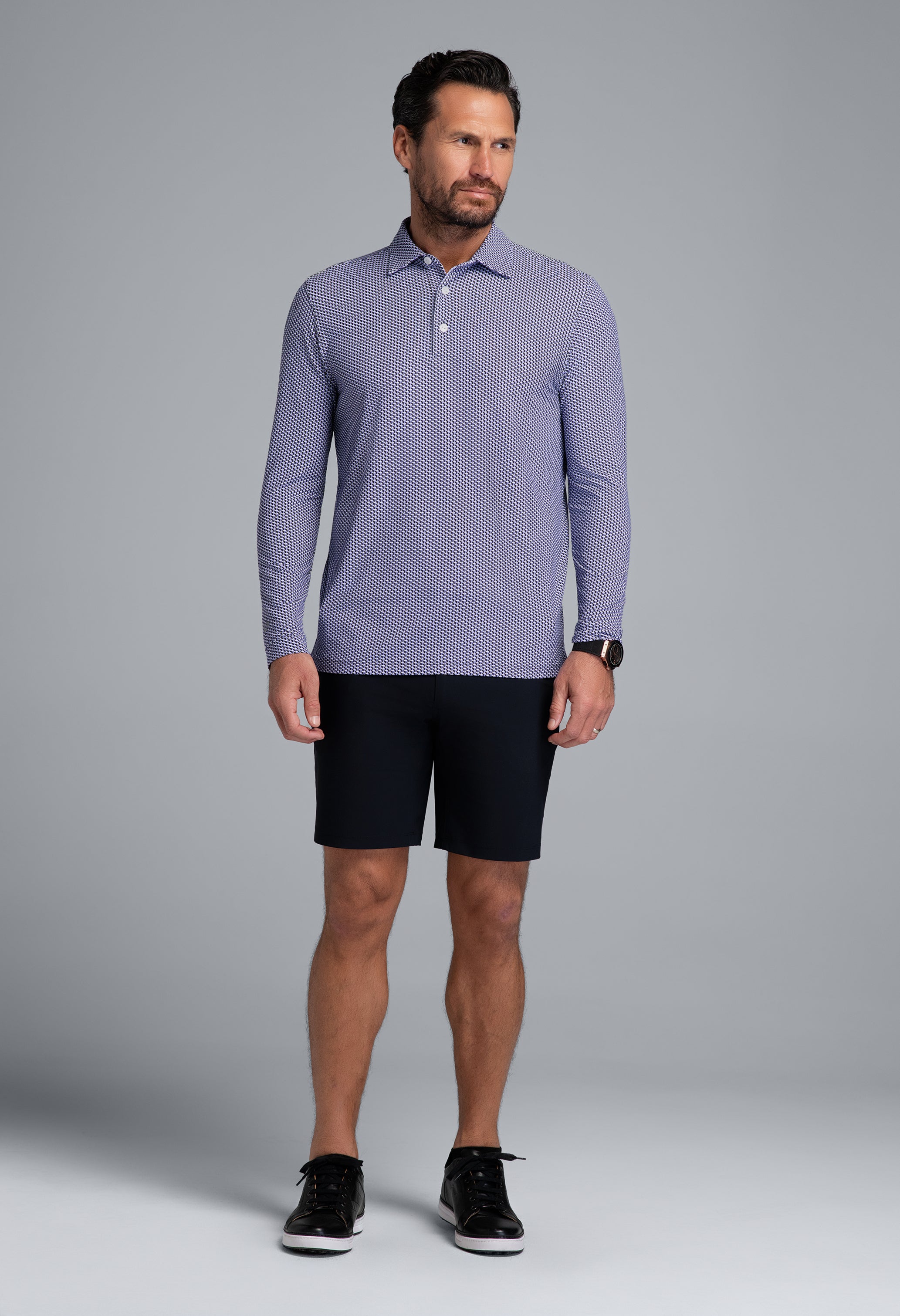 IBKÜL - Cube Art Long Sleeve Polo - Color: Lavender/Black