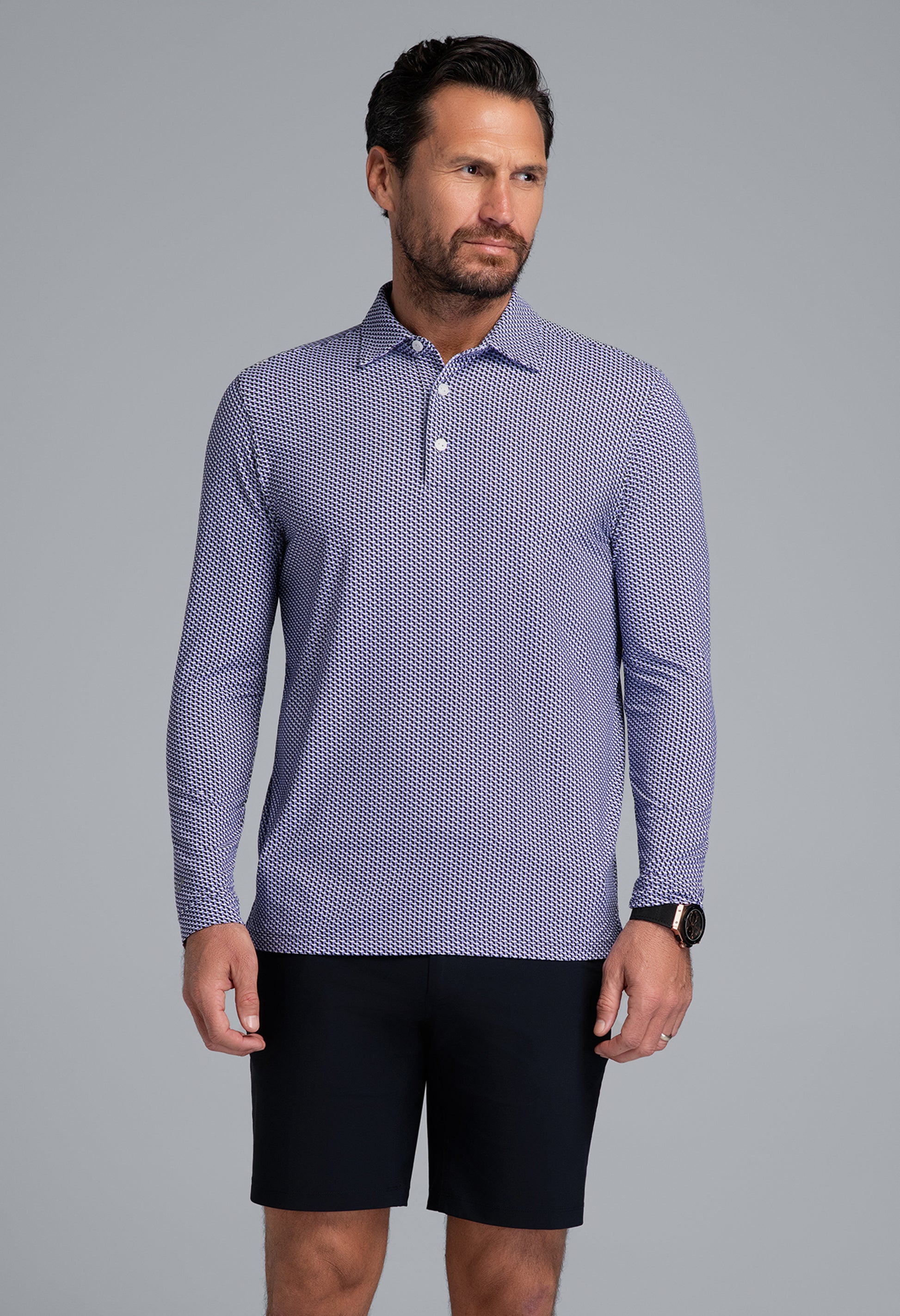 IBKÜL - Cube Art Long Sleeve Polo - Color: Lavender/Black