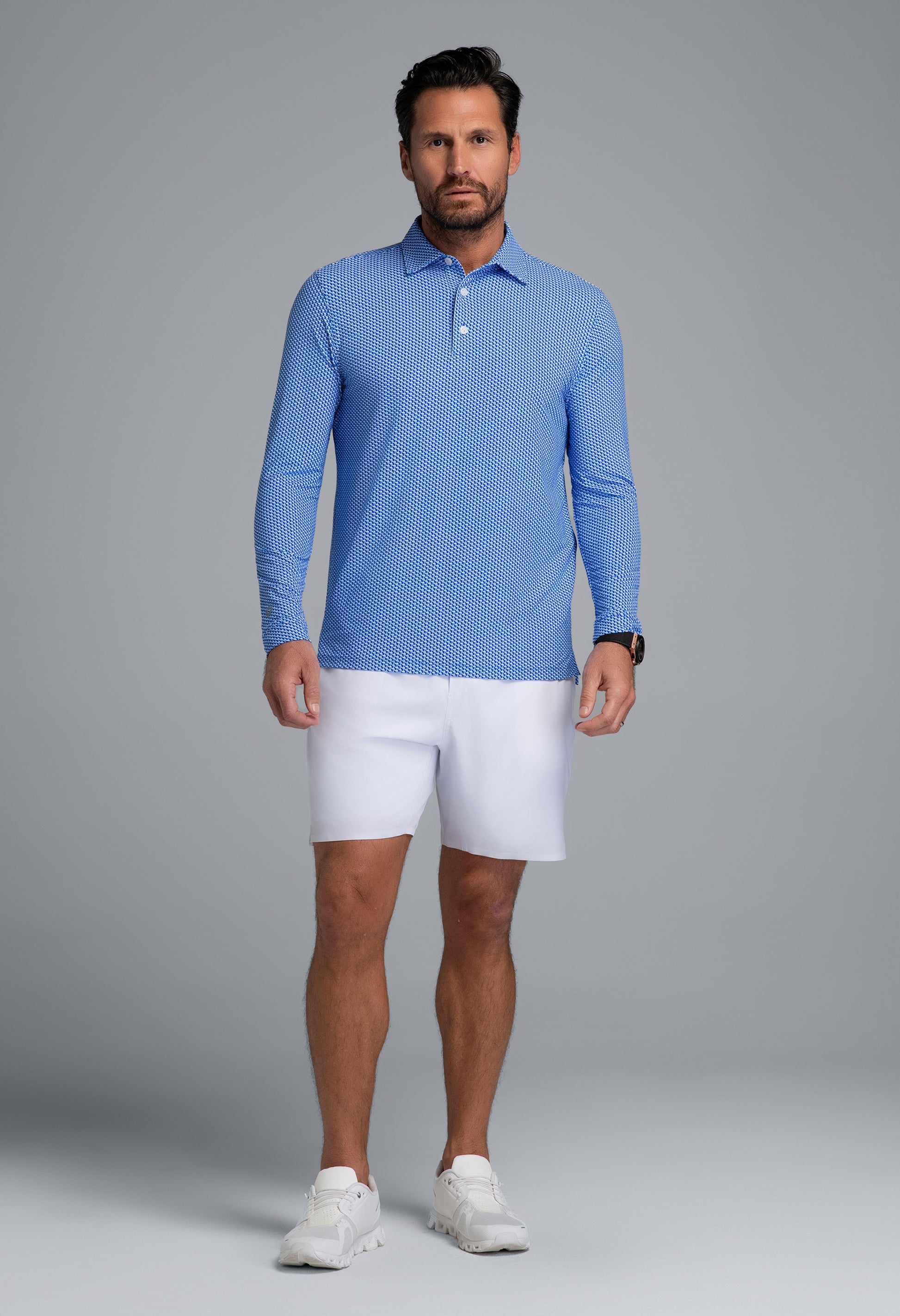 IBKÜL - Cube Art Long Sleeve Polo - Color: White/Royal