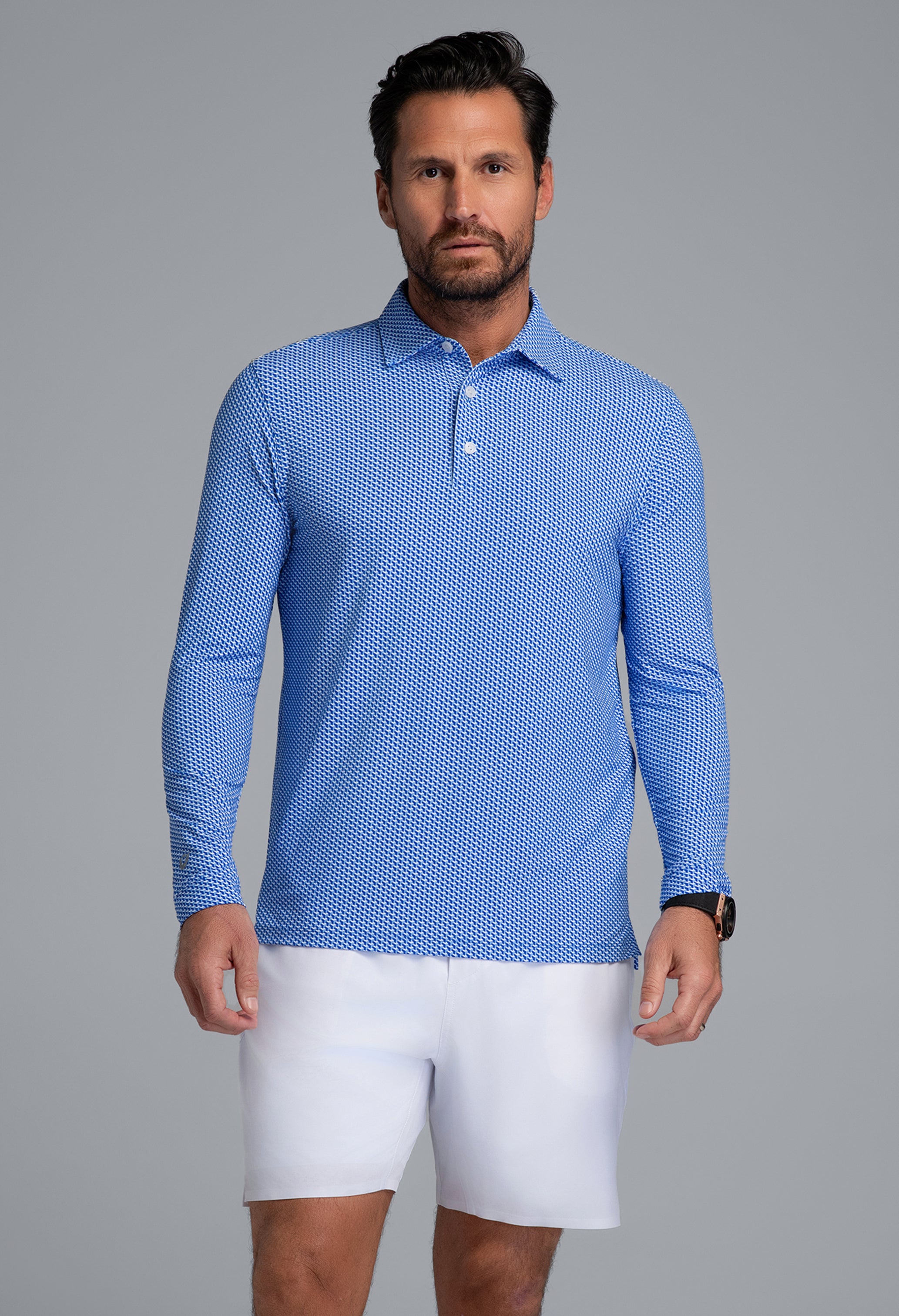 IBKÜL - Cube Art Long Sleeve Polo - Color: White/Royal