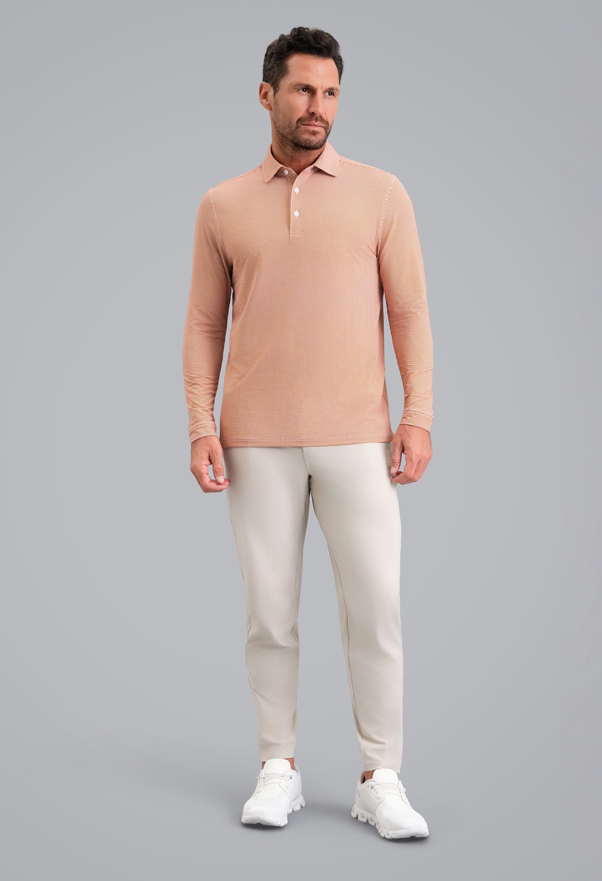 IBKÜL - Cube Art Long Sleeve Polo - Color: Chocolate/Peach/White