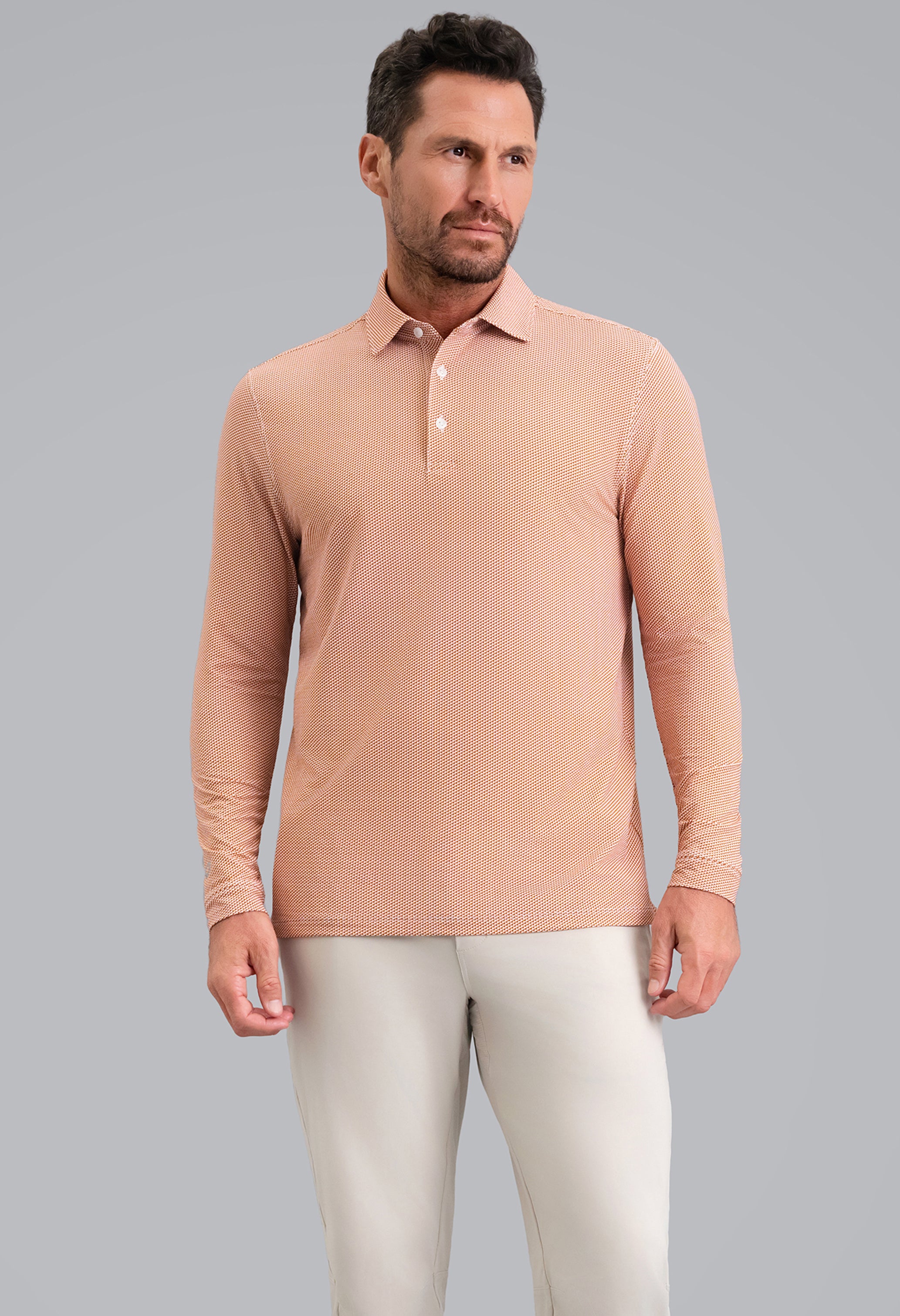 IBKÜL - Cube Art Long Sleeve Polo - Color: Chocolate/Peach/White