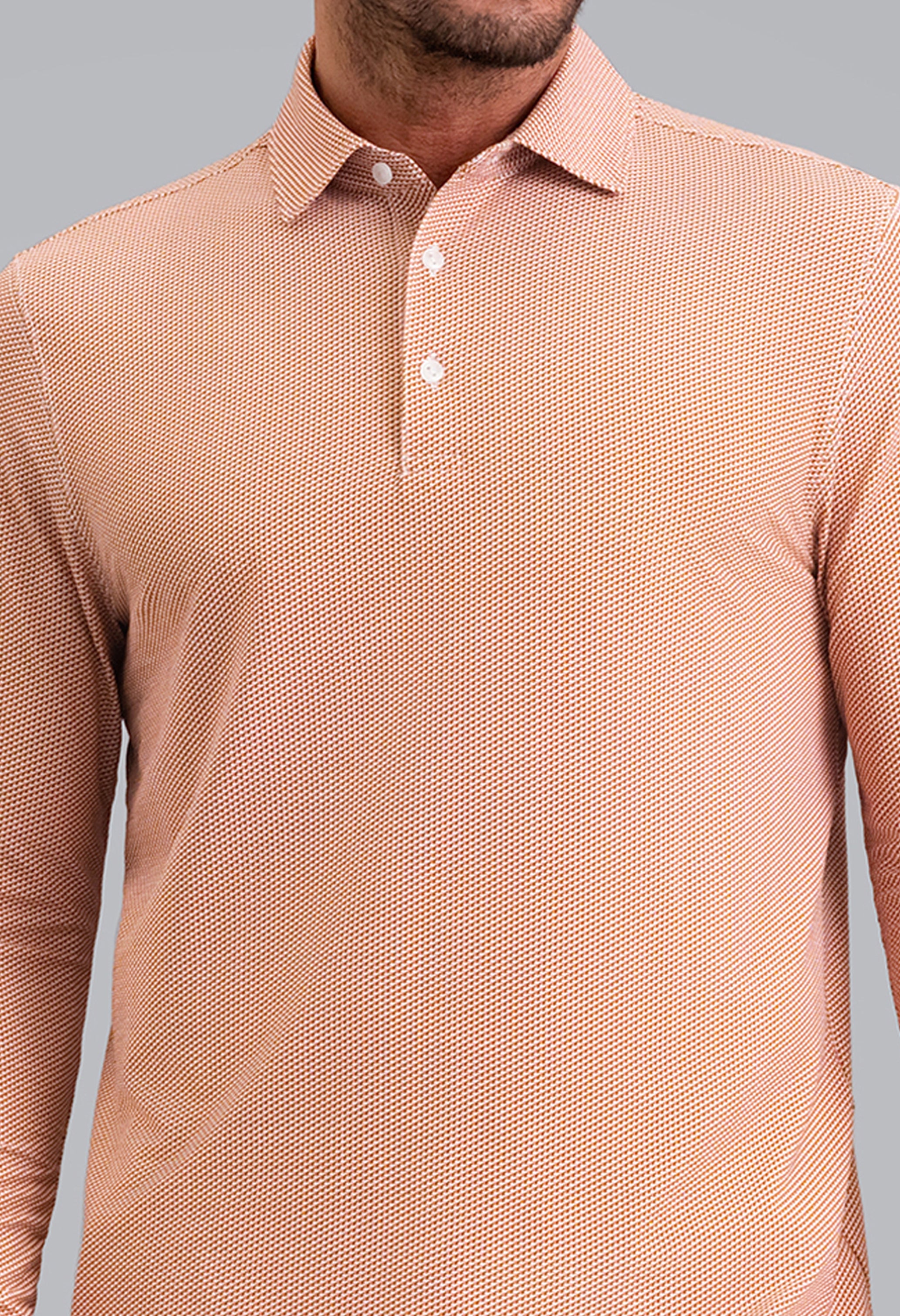IBKÜL - Cube Art Long Sleeve Polo - Color: Chocolate/Peach/White