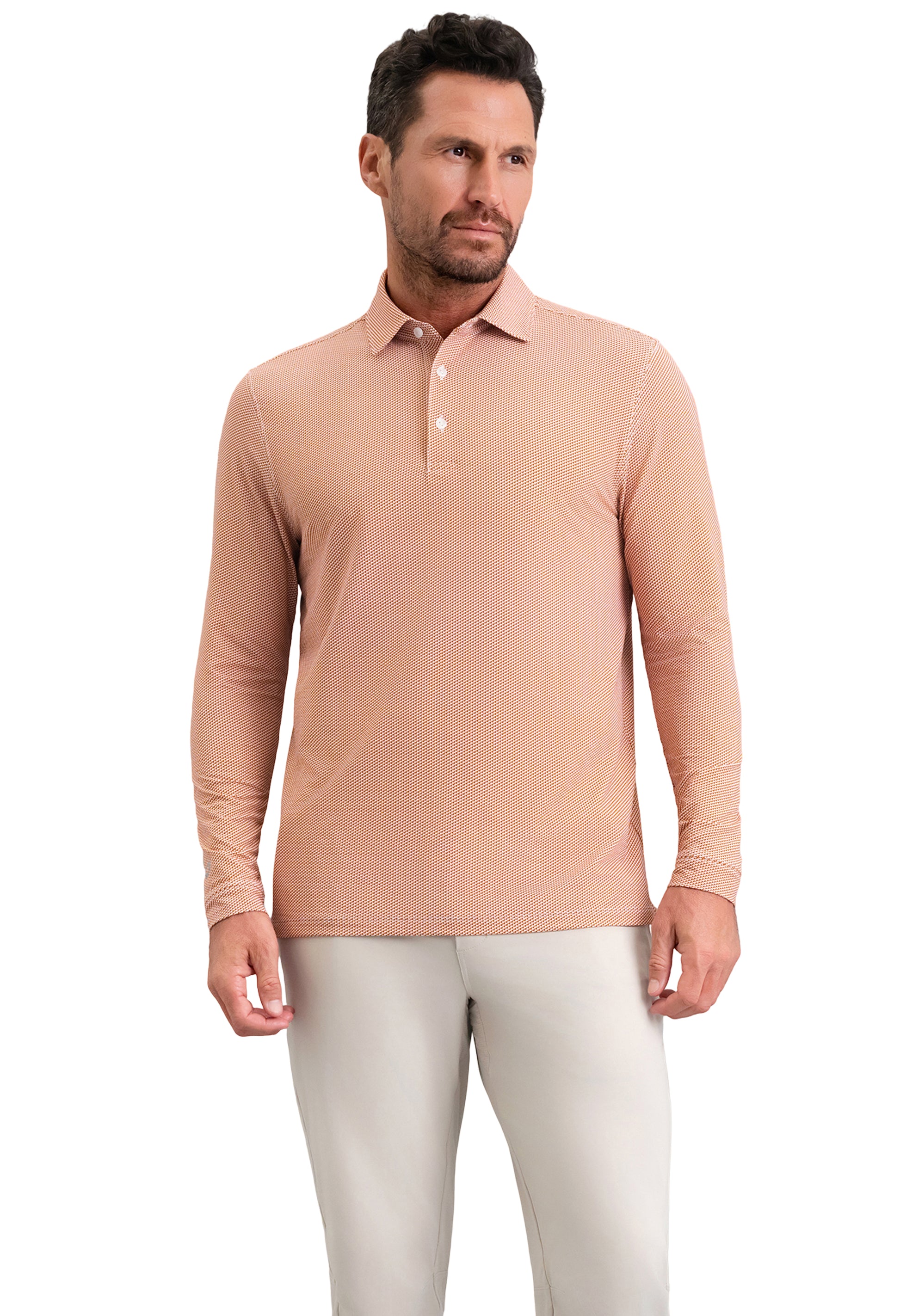 IBKÜL - Cube Art Long Sleeve Polo - Color: Chocolate/Peach/White