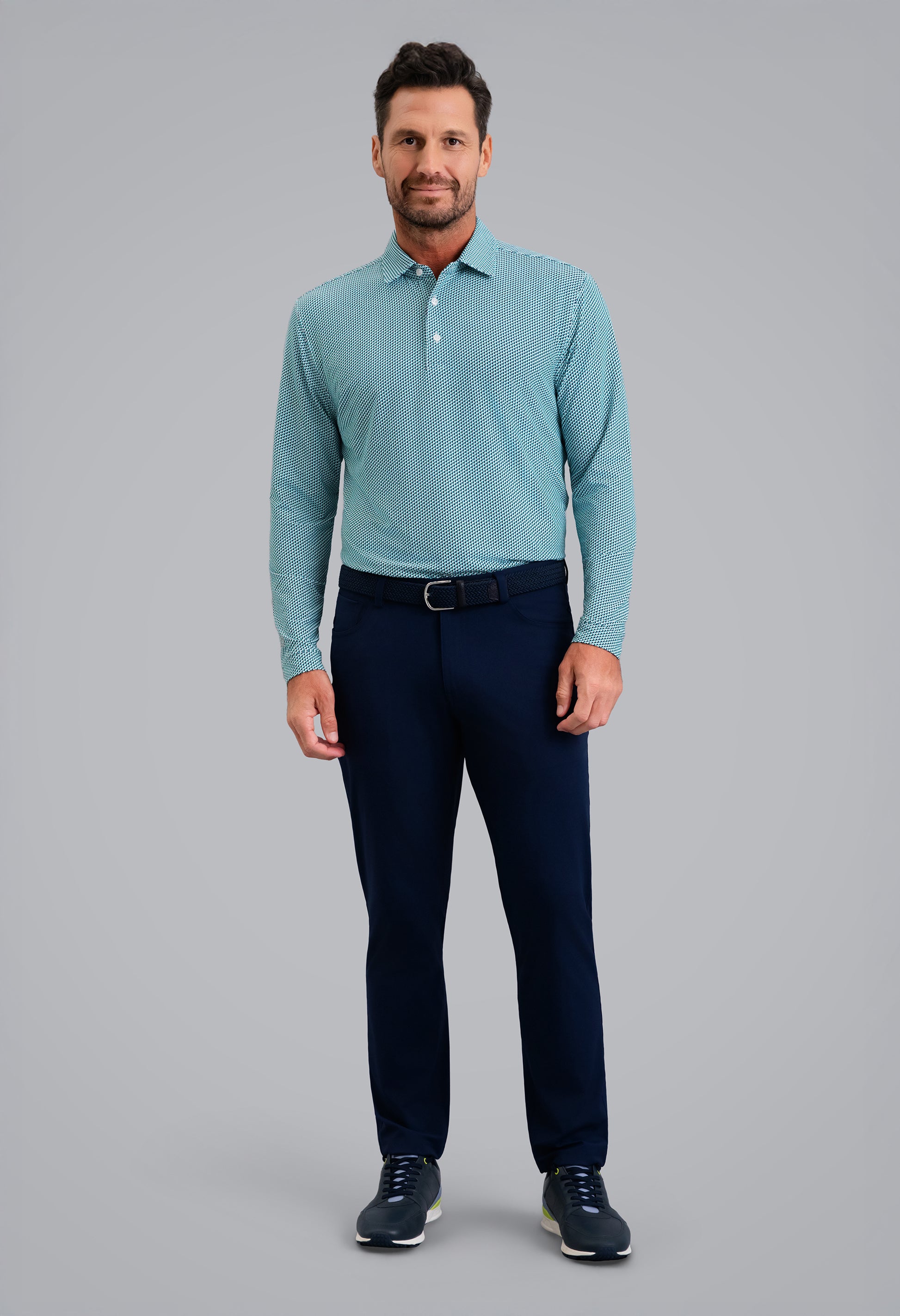 IBKÜL - Cube Art Long Sleeve Polo - Color: Classic Navy/Mint/White