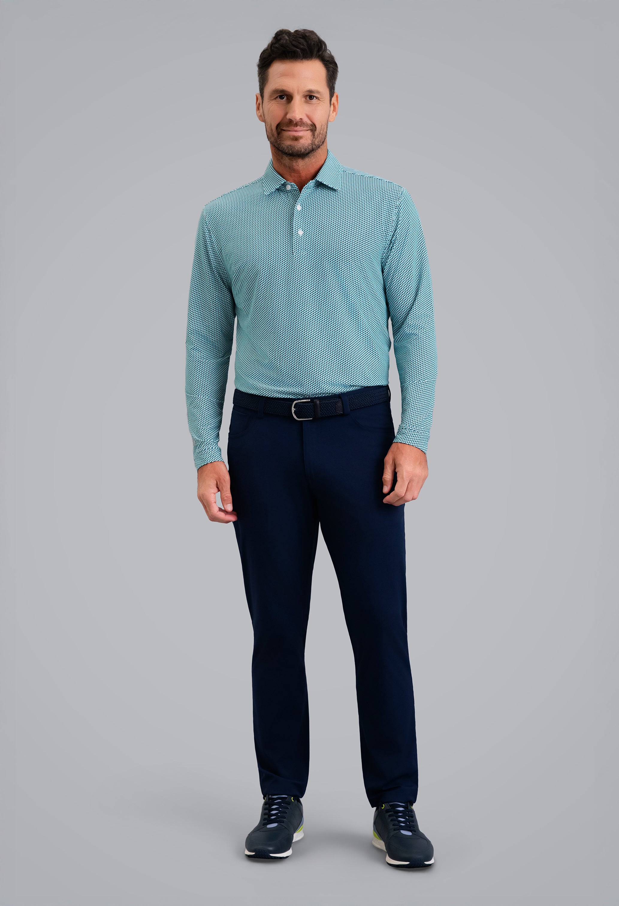 IBKÜL - Cube Art Long Sleeve Polo - Color: Classic Navy/Mint/White