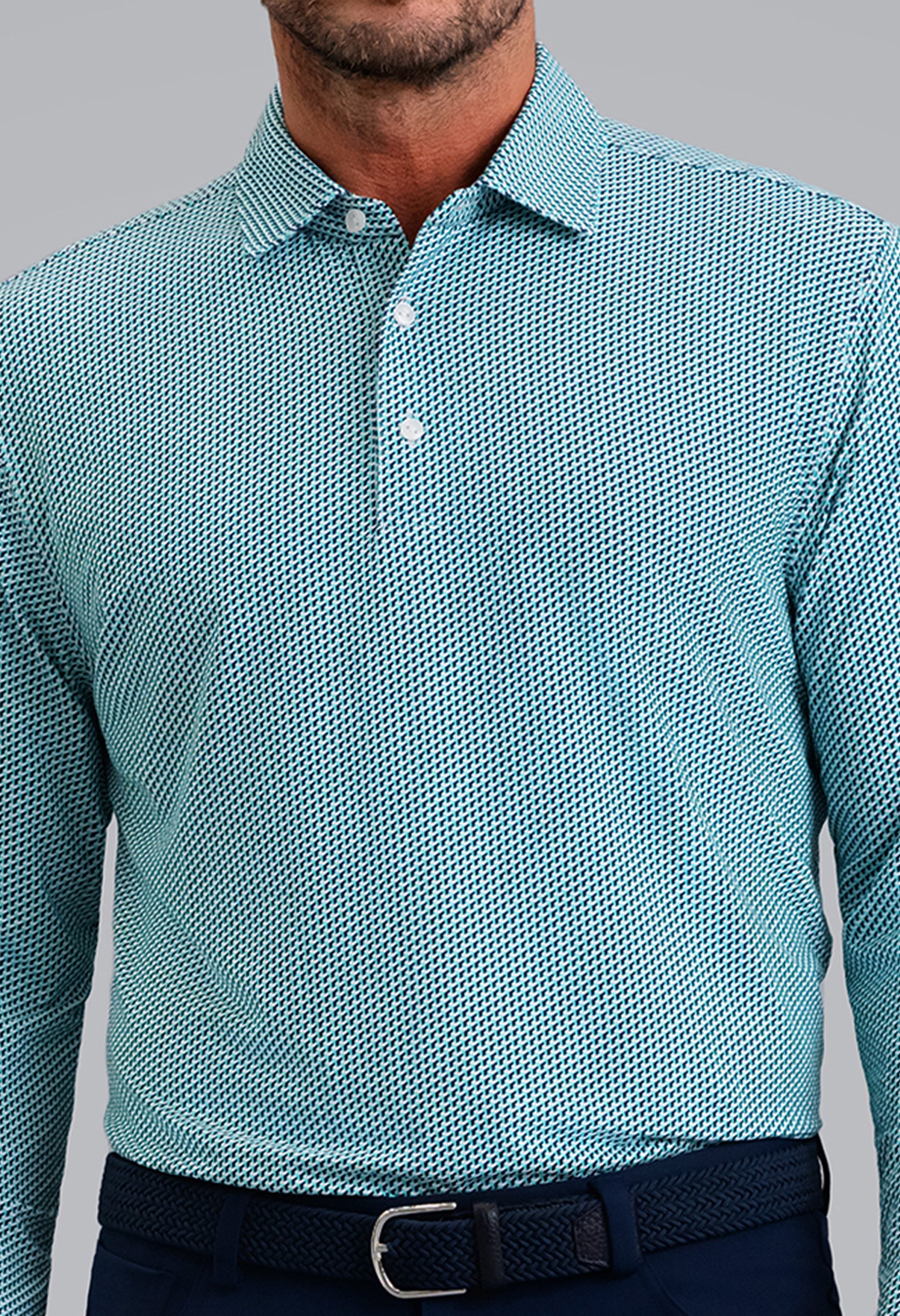 IBKÜL - Cube Art Long Sleeve Polo - Color: Classic Navy/Mint/White