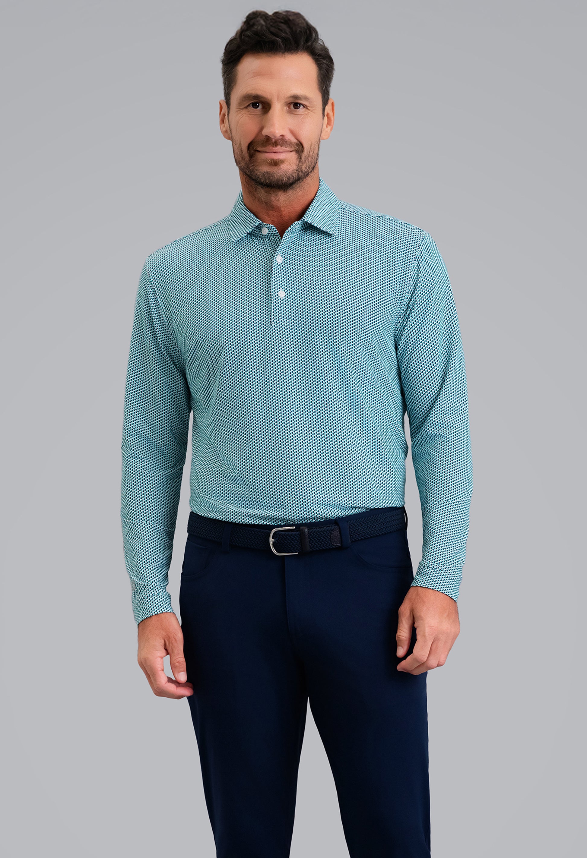 IBKÜL - Cube Art Long Sleeve Polo - Color: Classic Navy/Mint/White