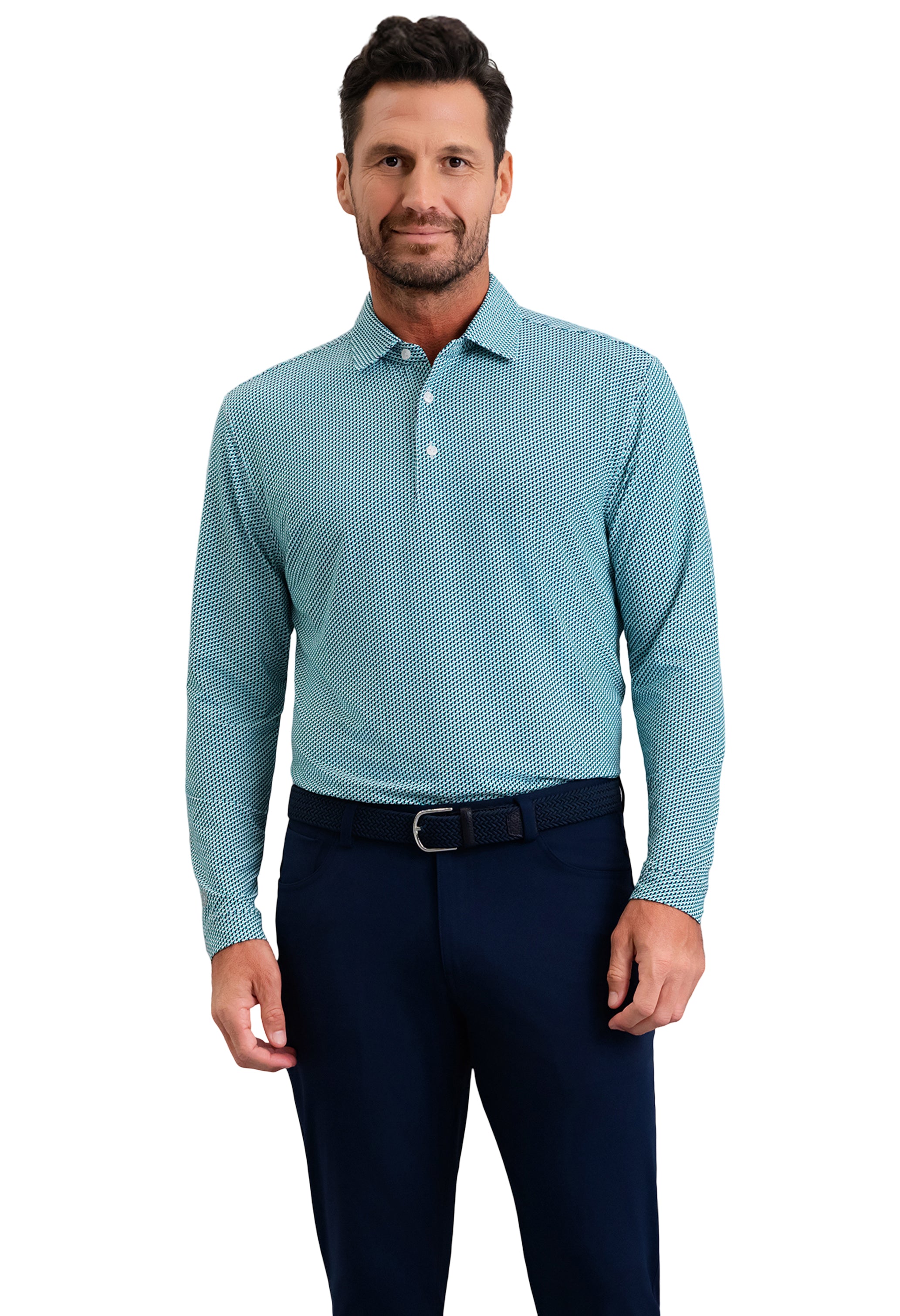 IBKÜL - Cube Art Long Sleeve Polo - Color: Classic Navy/Mint/White