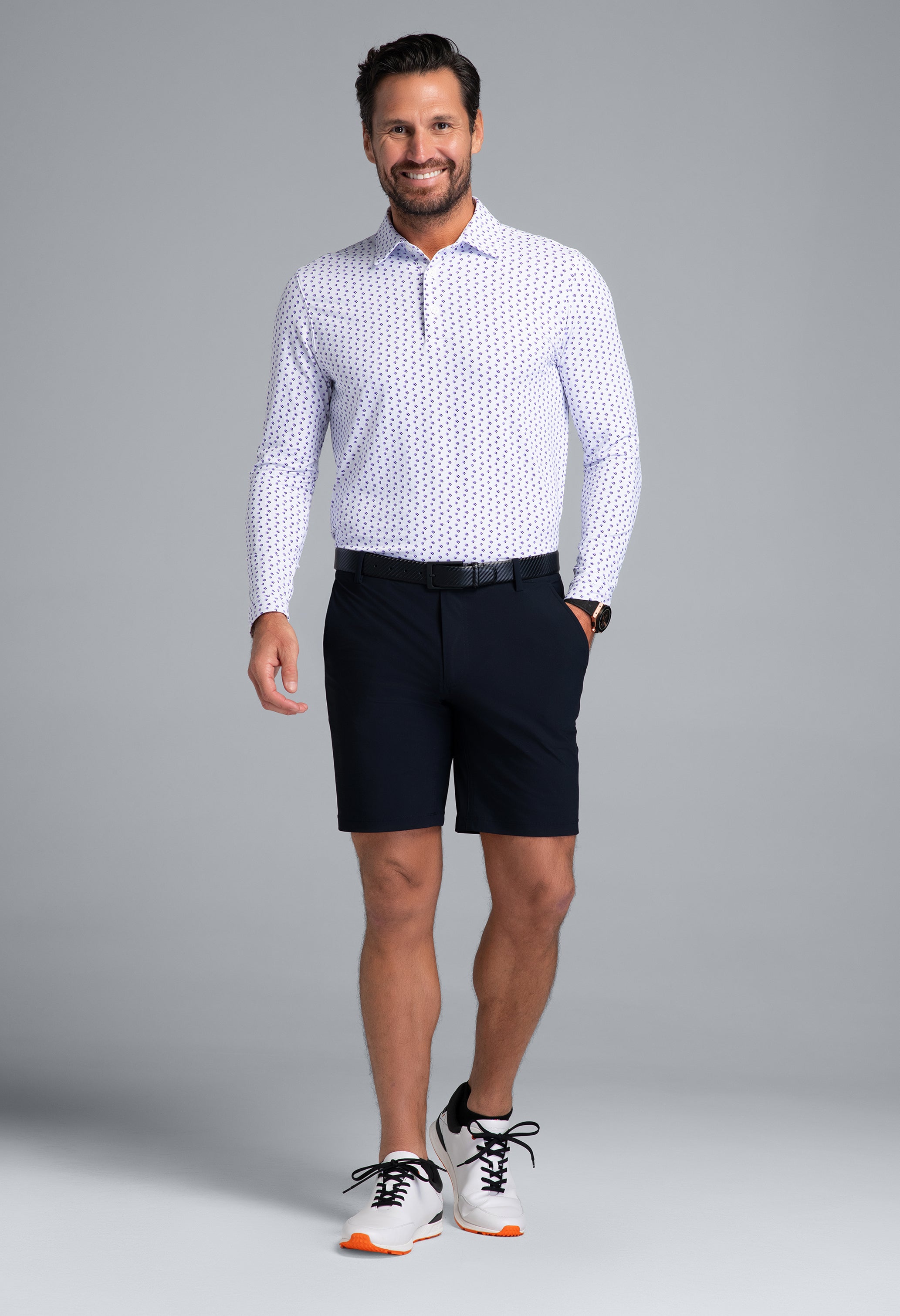IBKÜL - Scattered Shadow Print Long Sleeve Polo (Modern Fit) - Color: Lavender/Black