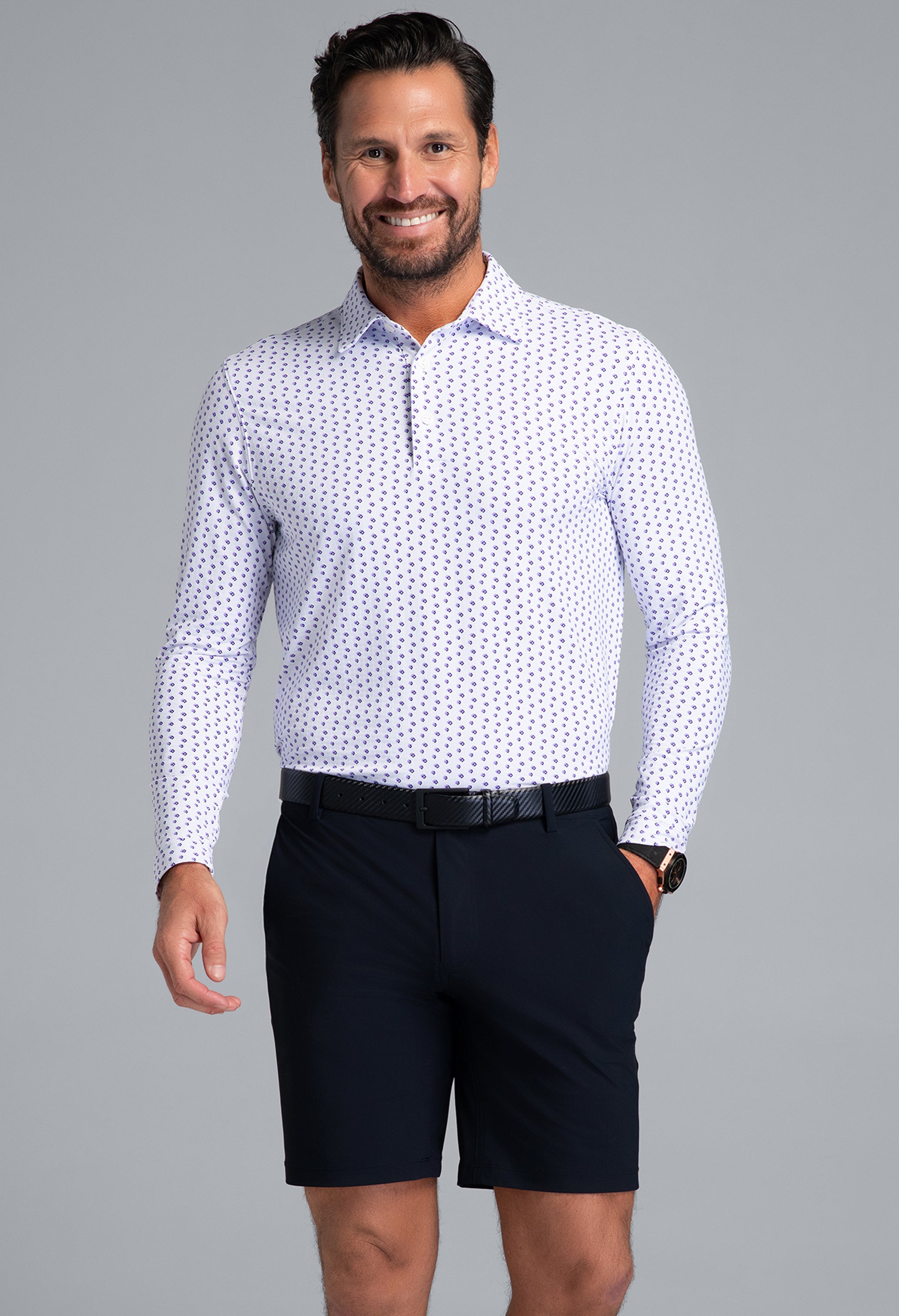 IBKÜL - Scattered Shadow Print Long Sleeve Polo (Modern Fit) - Color: Lavender/Black