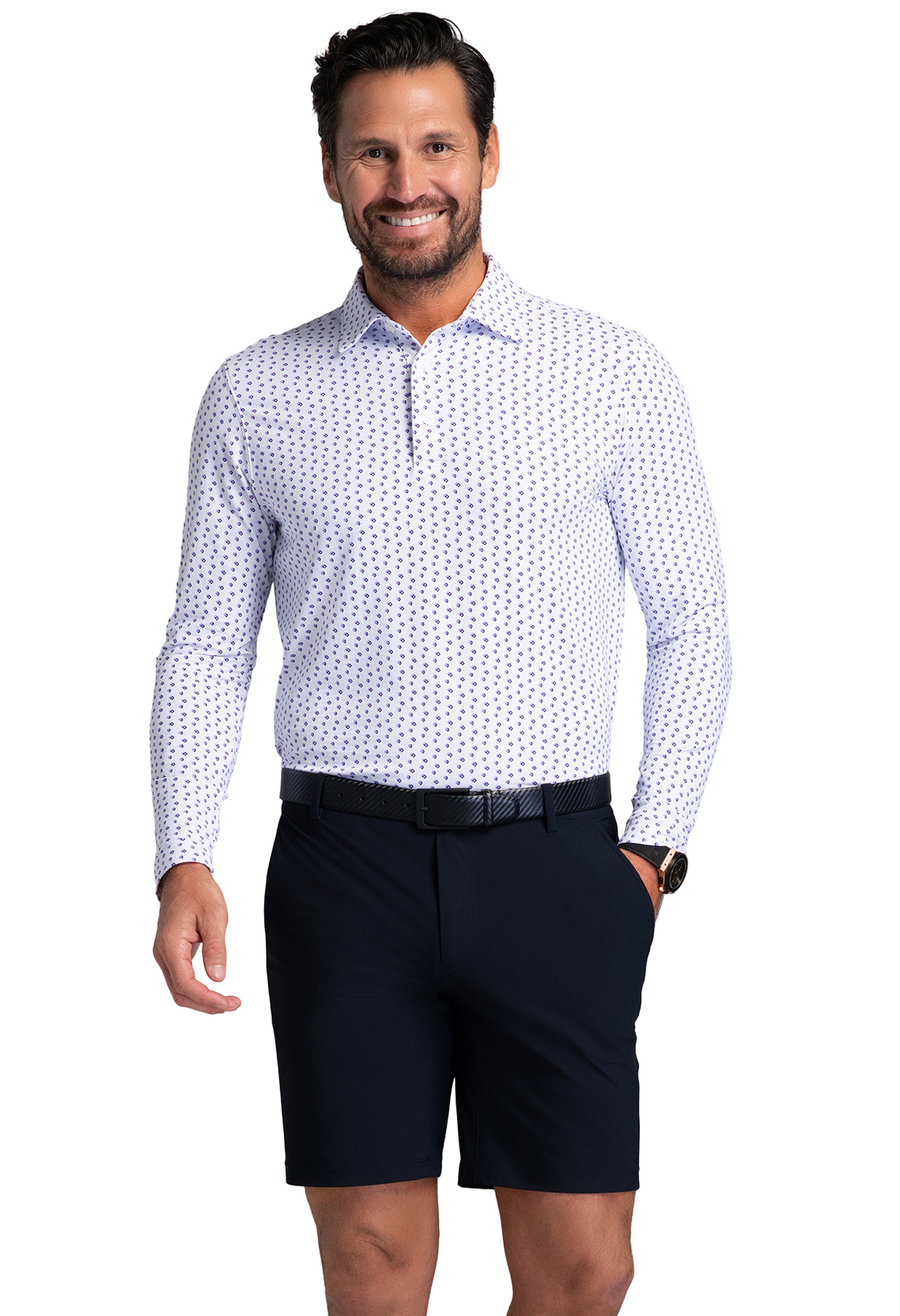 IBKÜL - Scattered Shadow Print Long Sleeve Polo (Modern Fit) - Color: Lavender/Black