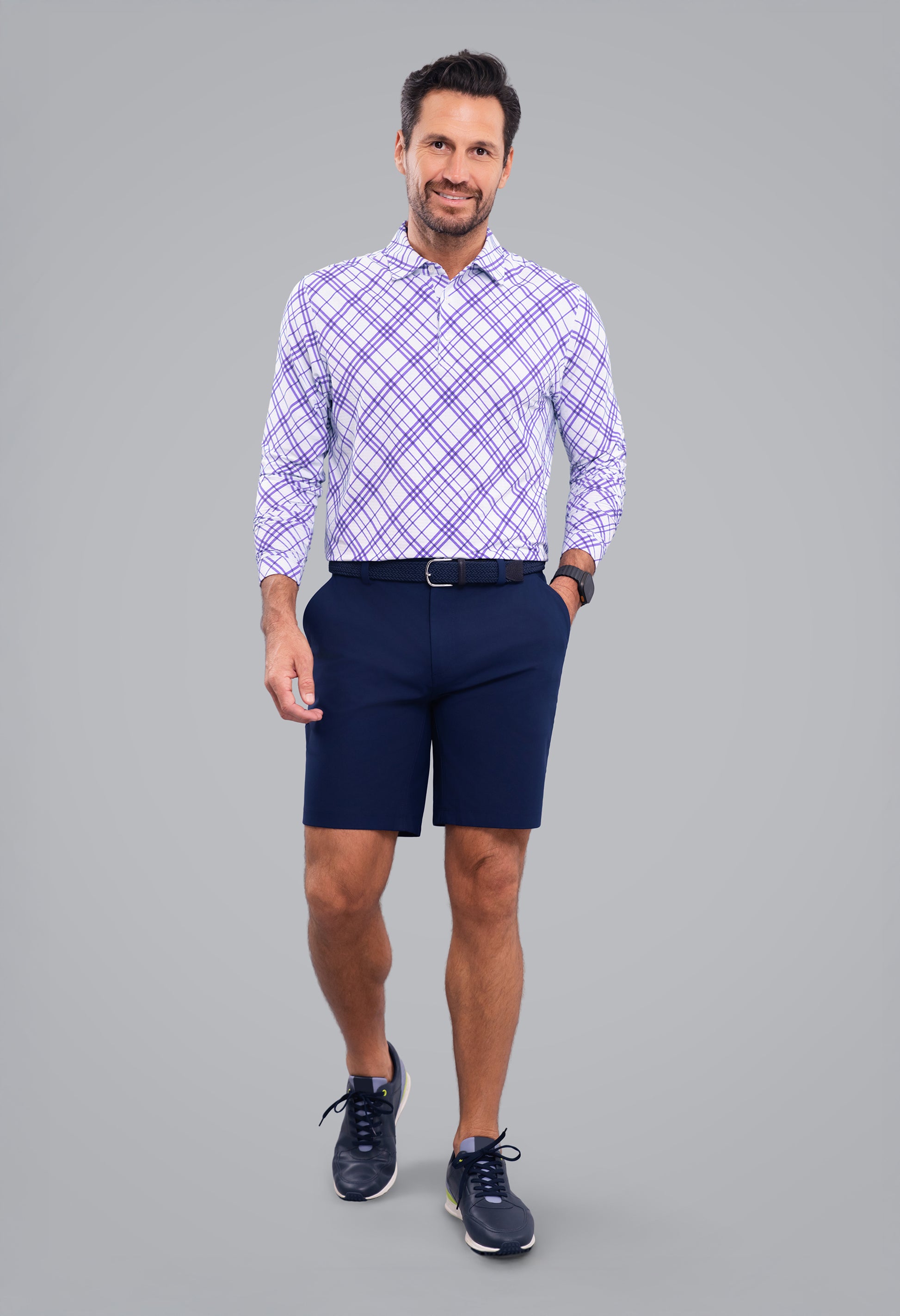 IBKÜL - Tony Print Long Sleeve Polo - Color: Lavender/White