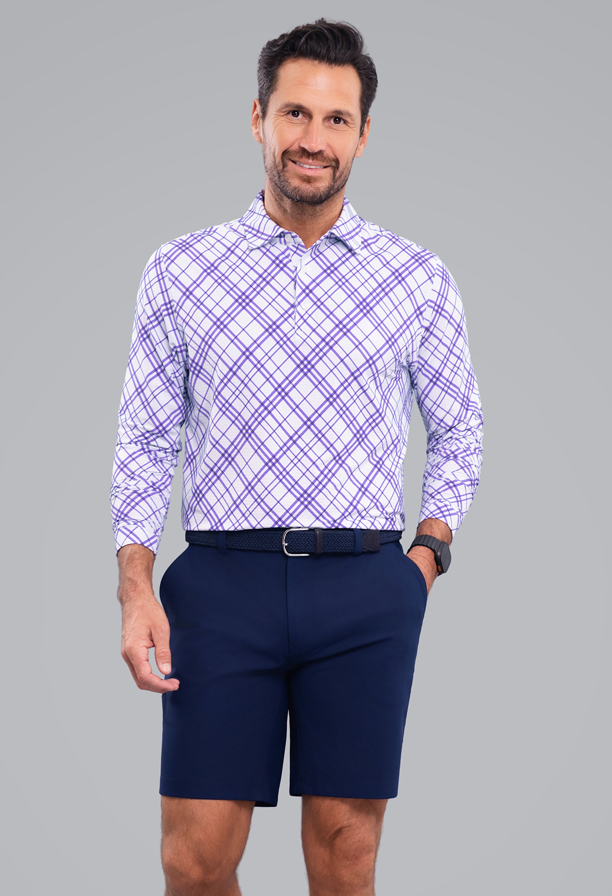 IBKÜL - Tony Print Long Sleeve Polo - Color: Lavender/White