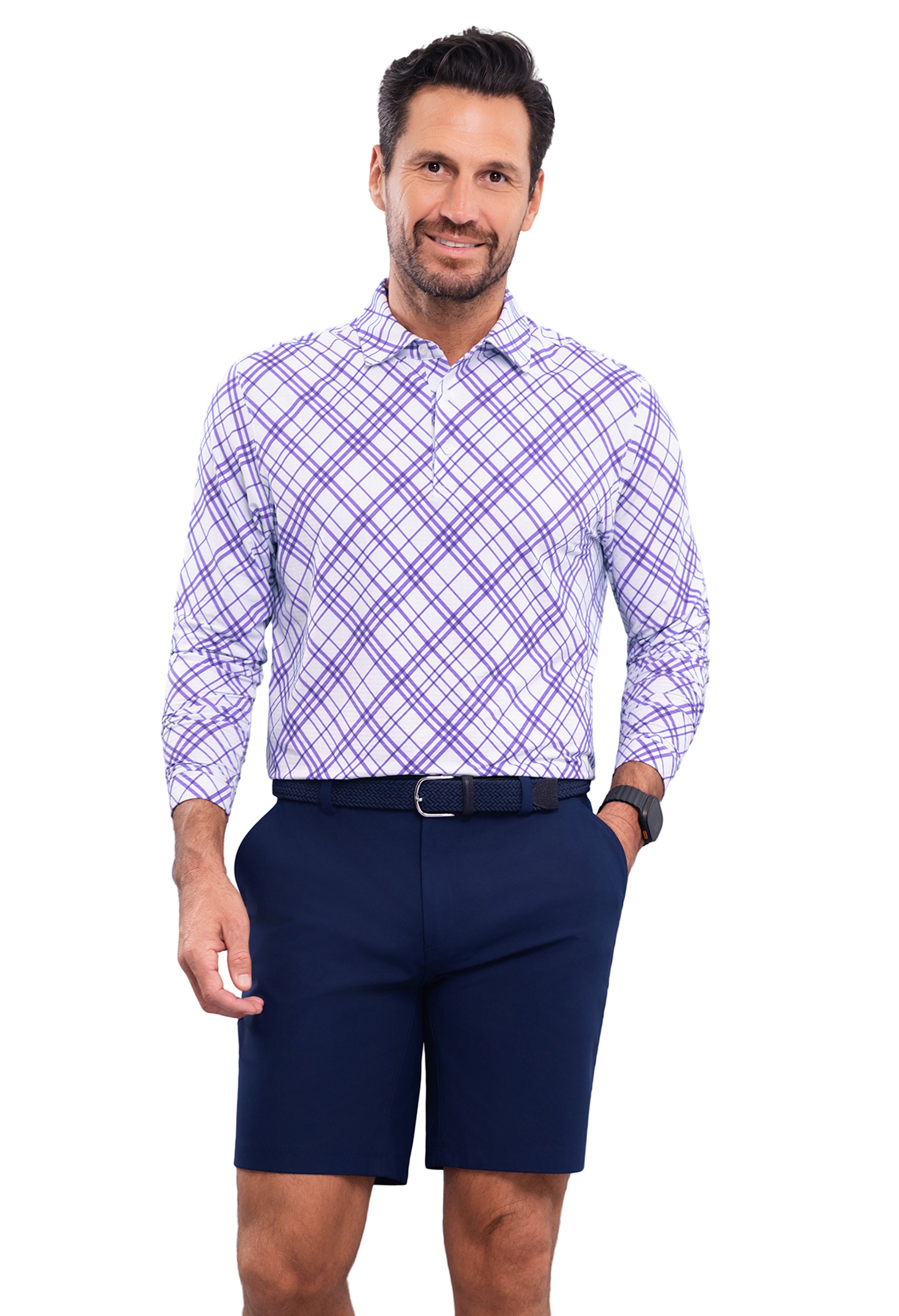 IBKÜL - Tony Print Long Sleeve Polo - Color: Lavender/White
