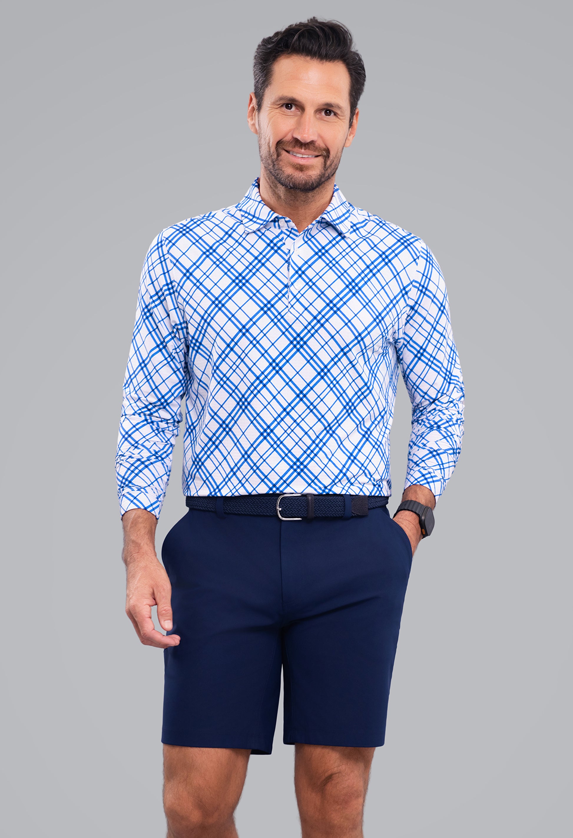 IBKÜL - Tony Print Long Sleeve Polo - Color: Blue/White