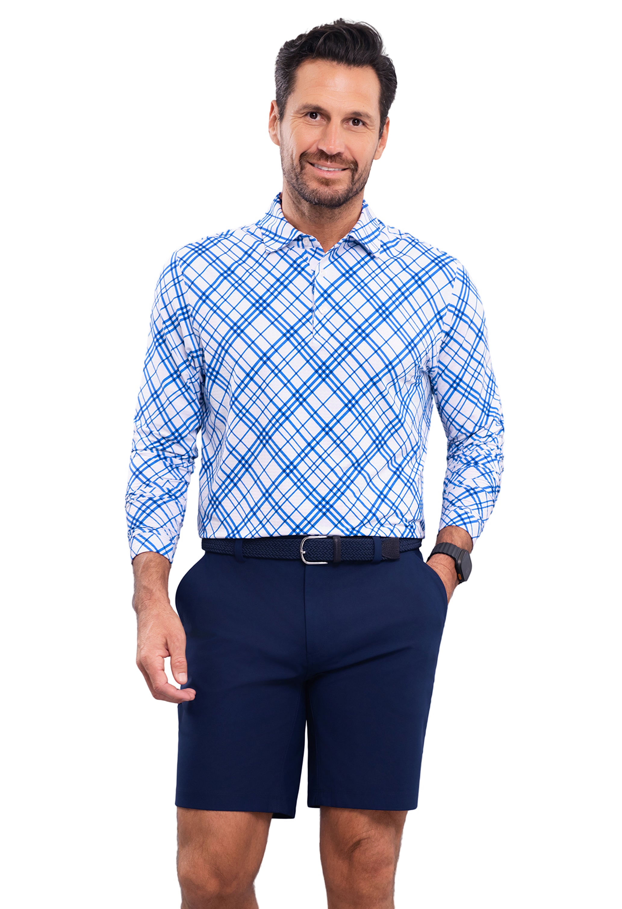 IBKÜL - Tony Print Long Sleeve Polo - Color: Blue/White
