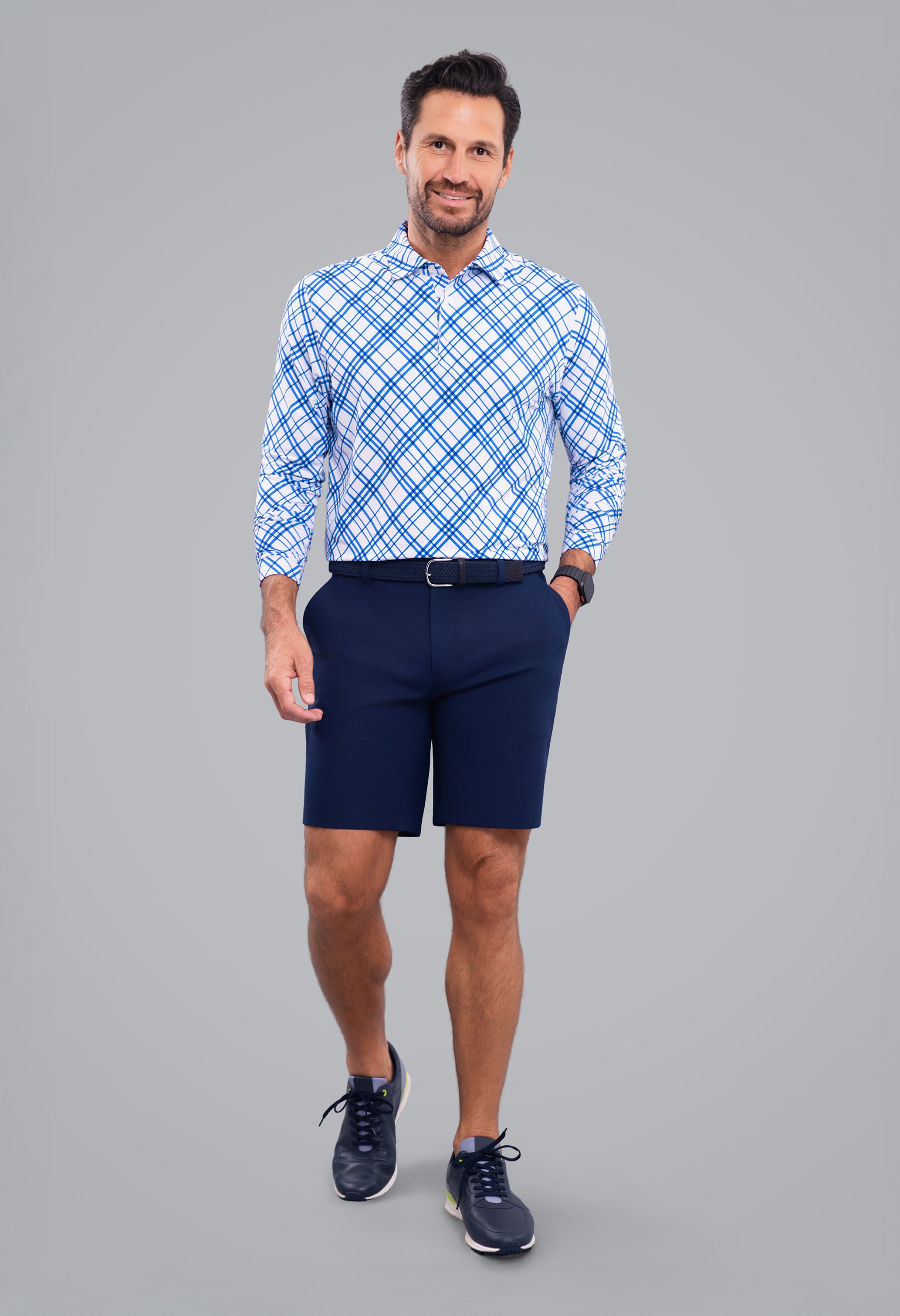 IBKÜL - Tony Print Long Sleeve Polo - Color: Blue/White