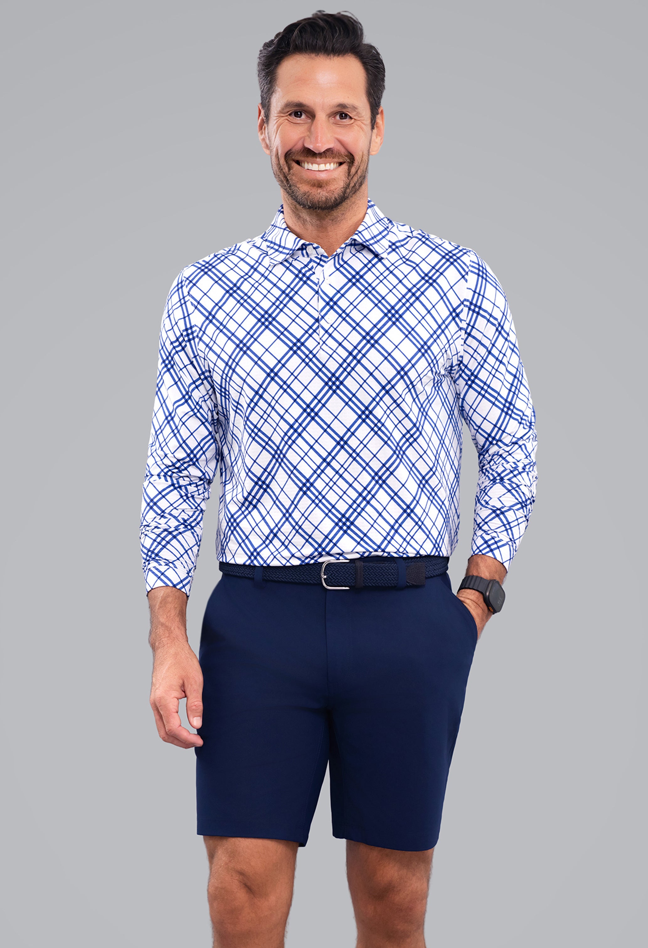 IBKÜL - Tony Print Long Sleeve Polo - Color: Navy/White