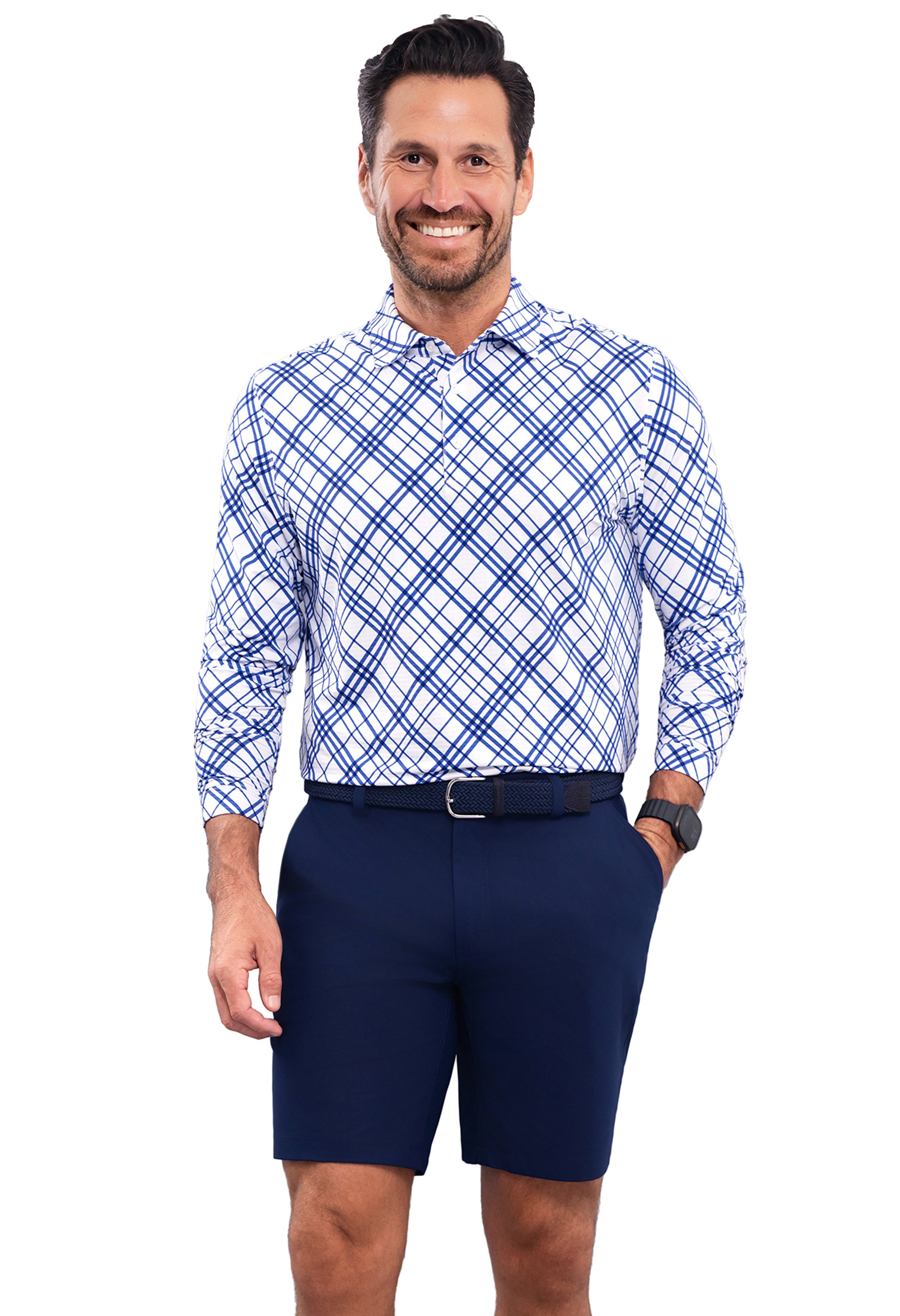 IBKÜL - Tony Print Long Sleeve Polo - Color: Navy/White