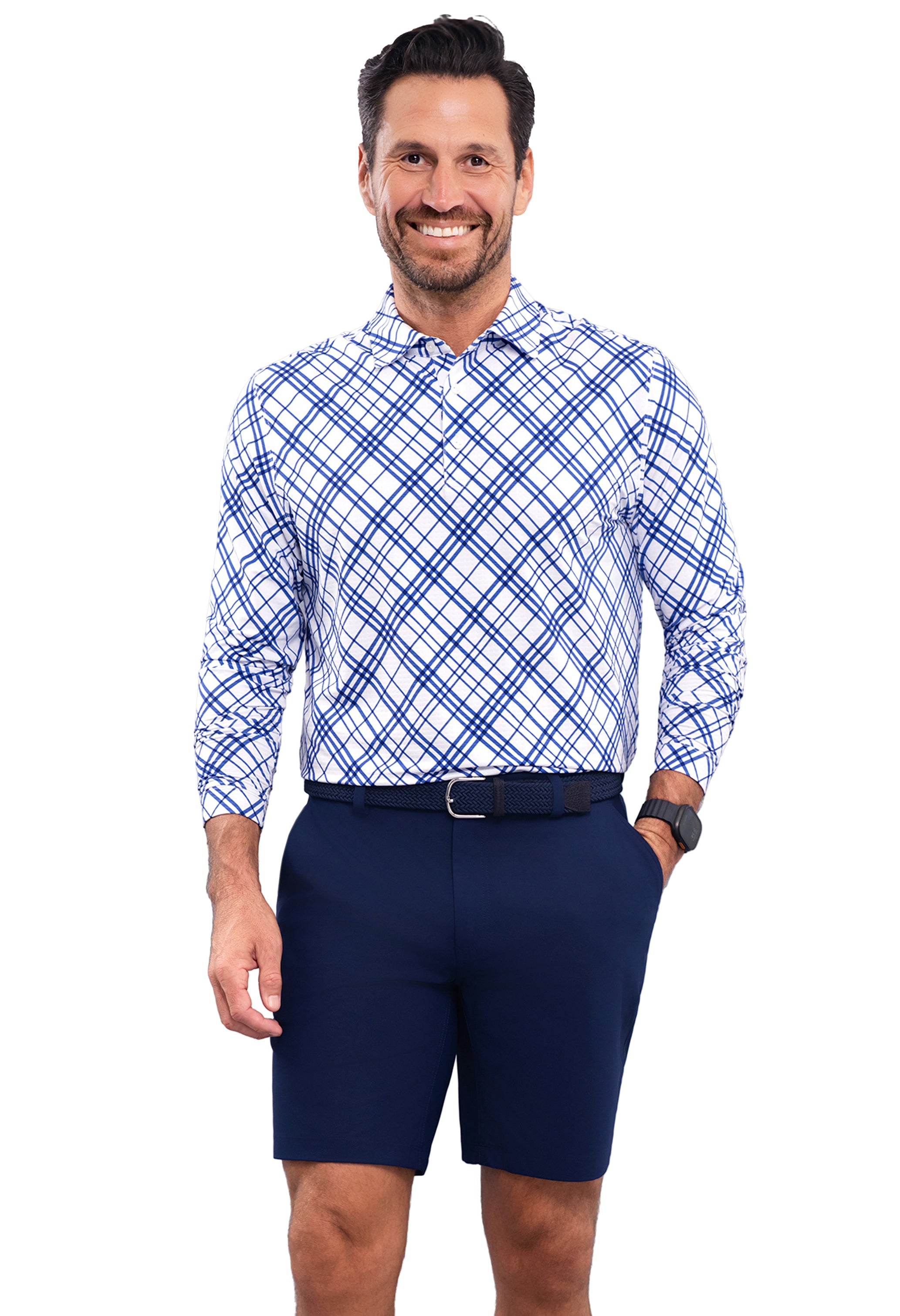 IBKÜL - Tony Print Long Sleeve Polo - Color: Navy/White