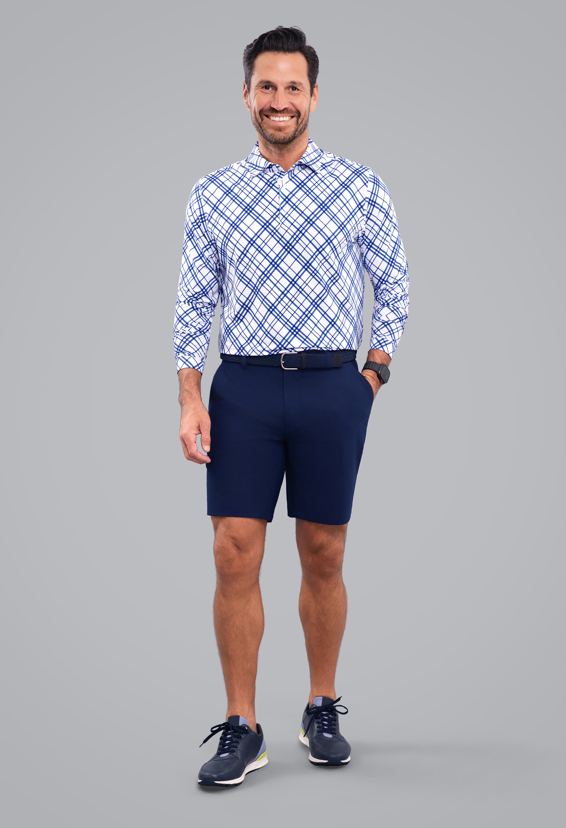 IBKÜL - Tony Print Long Sleeve Polo - Color: Navy/White