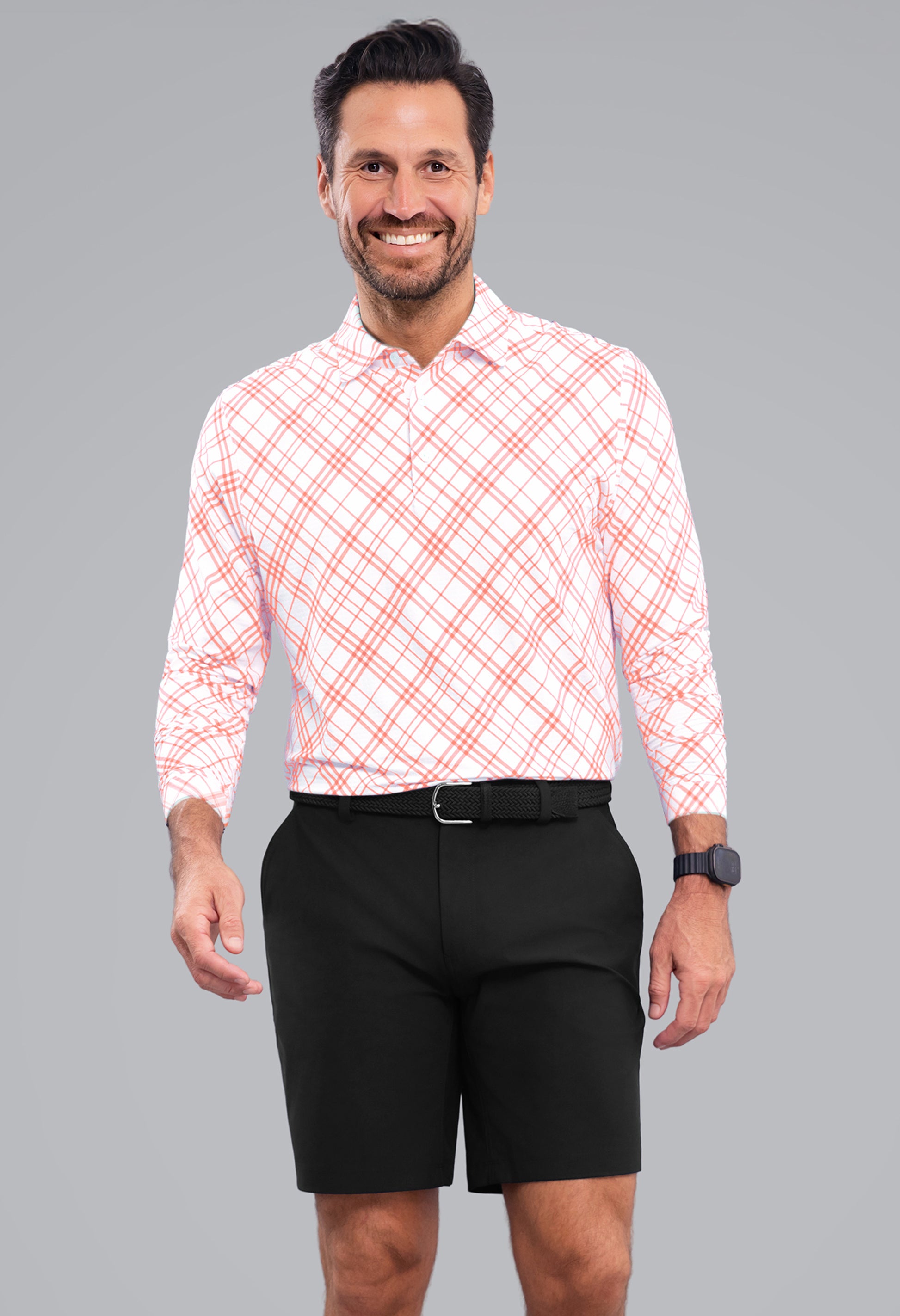 IBKÜL - Tony Print Long Sleeve Polo - Color: Peach/White