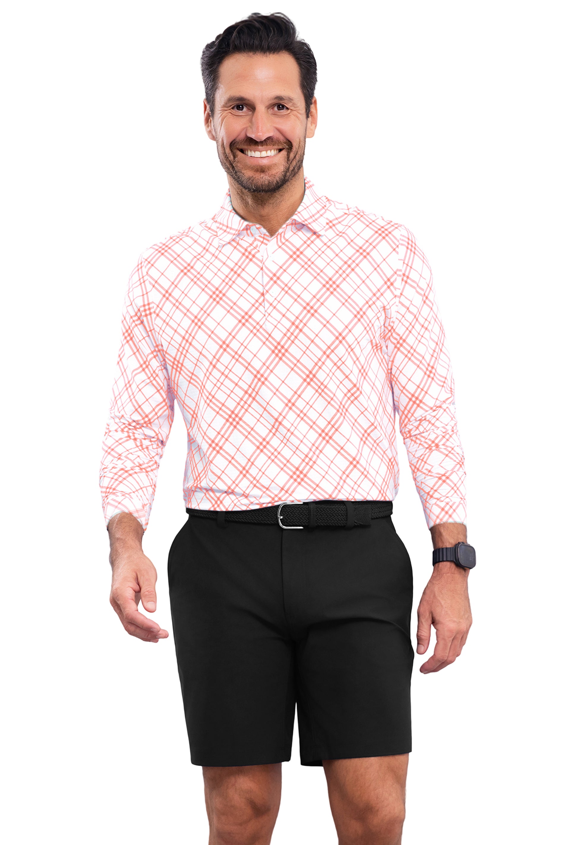 IBKÜL - Tony Print Long Sleeve Polo - Color: Peach/White