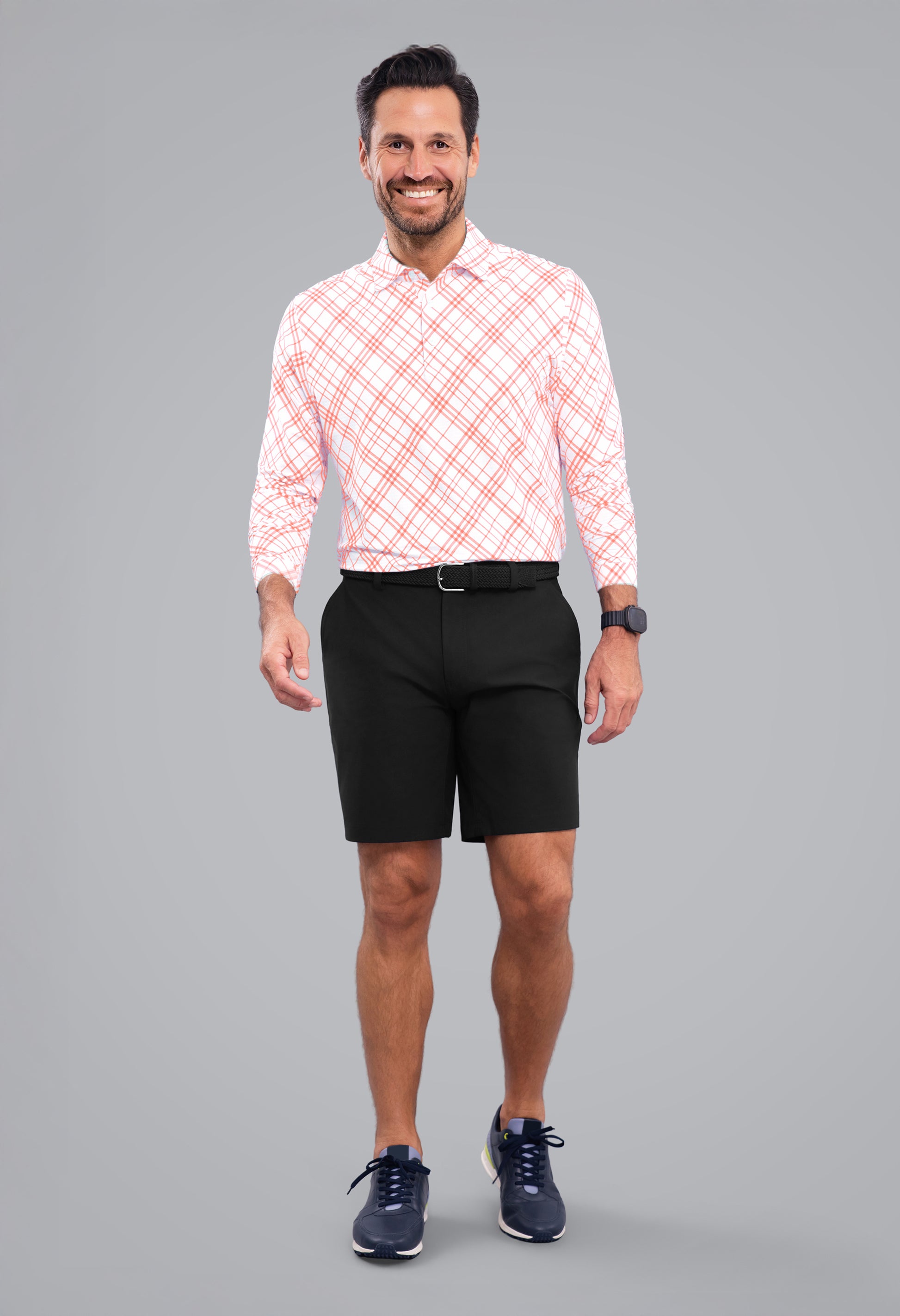 IBKÜL - Tony Print Long Sleeve Polo - Color: Peach/White