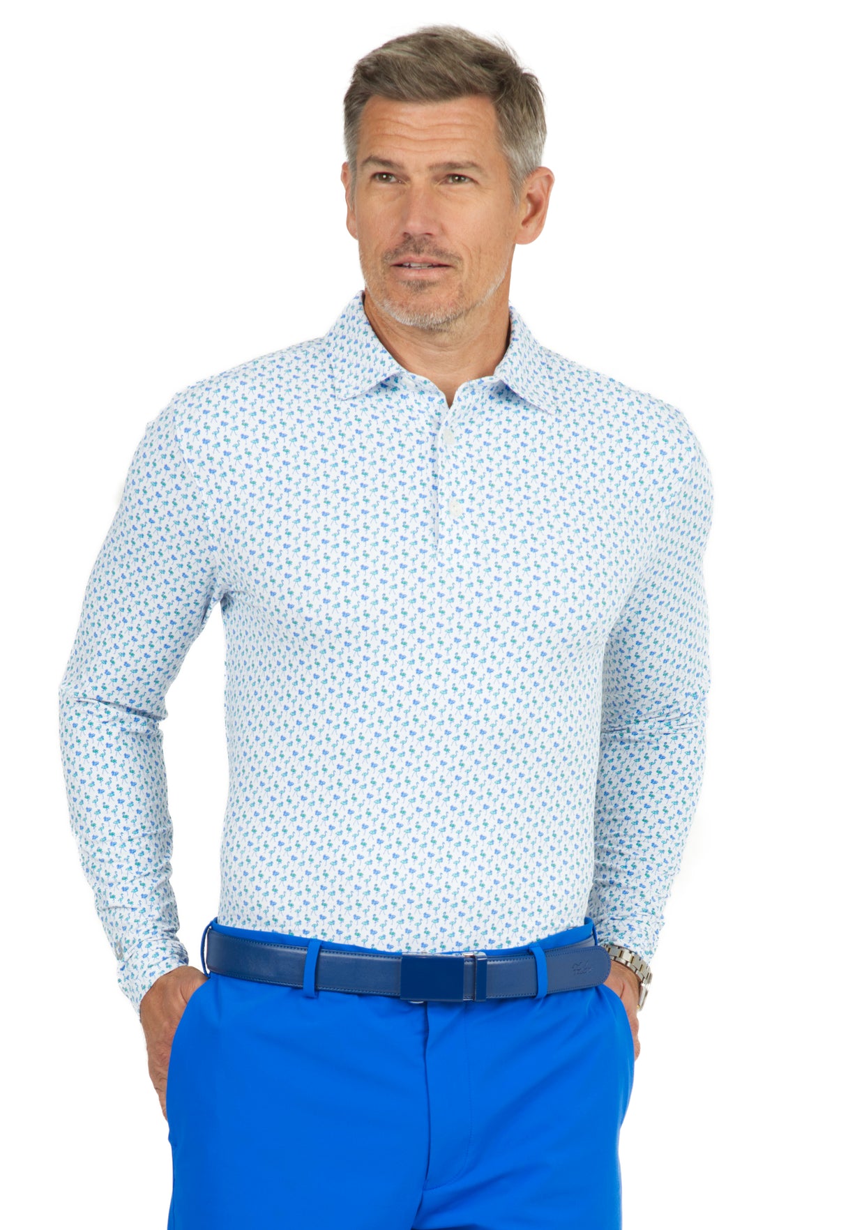 IBKÜL - Flamingo's Print Long Sleeve Polo - 95146 (Modern Fit) - Color: Jade/Green/Peri